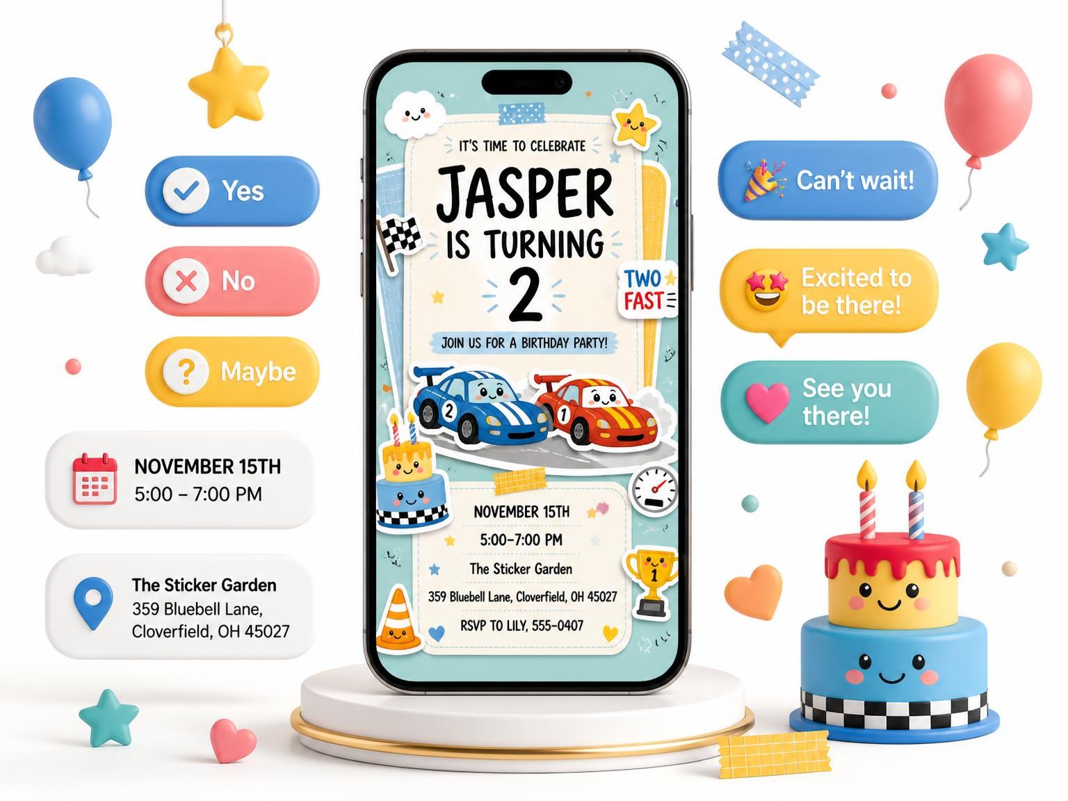 The Race Cars Pastel 2nd Birthday Invitation invitation on a phone, with guest RSVPs arriving around it