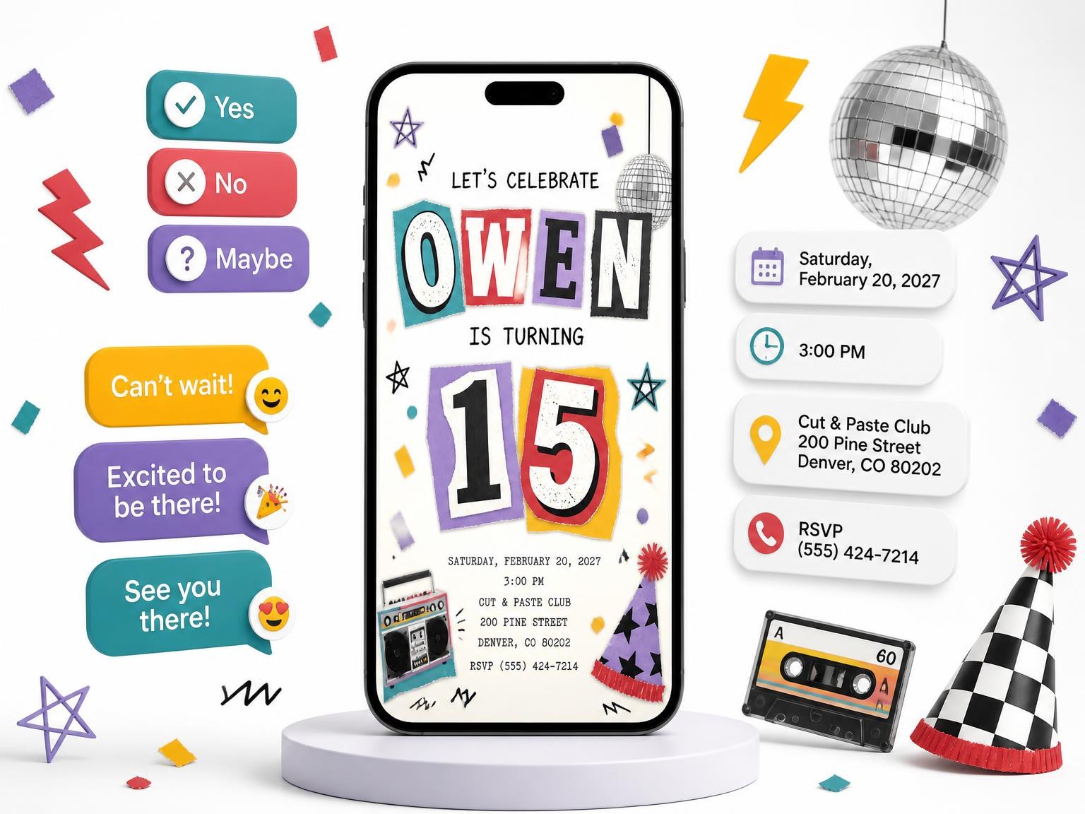 The Retro Paper Collage 15th Birthday Invitation invitation on a phone, with guest RSVPs arriving around it