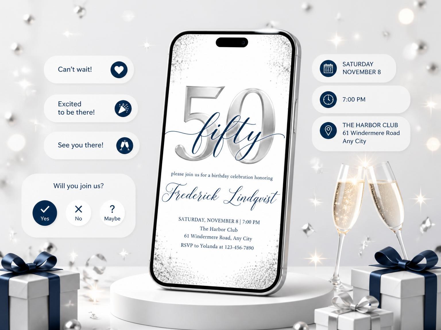 The Silver Glitter 50th Birthday Invitation invitation on a phone, with guest RSVPs arriving around it