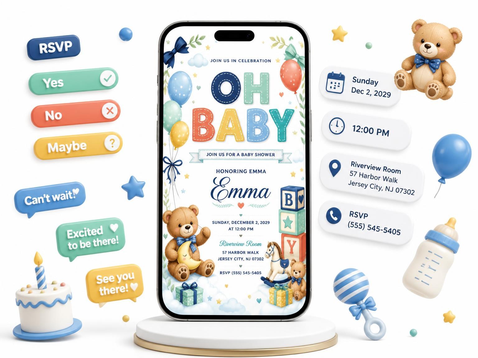 The Cloud Baby Shower Invitation invitation on a phone, with guest RSVPs arriving around it