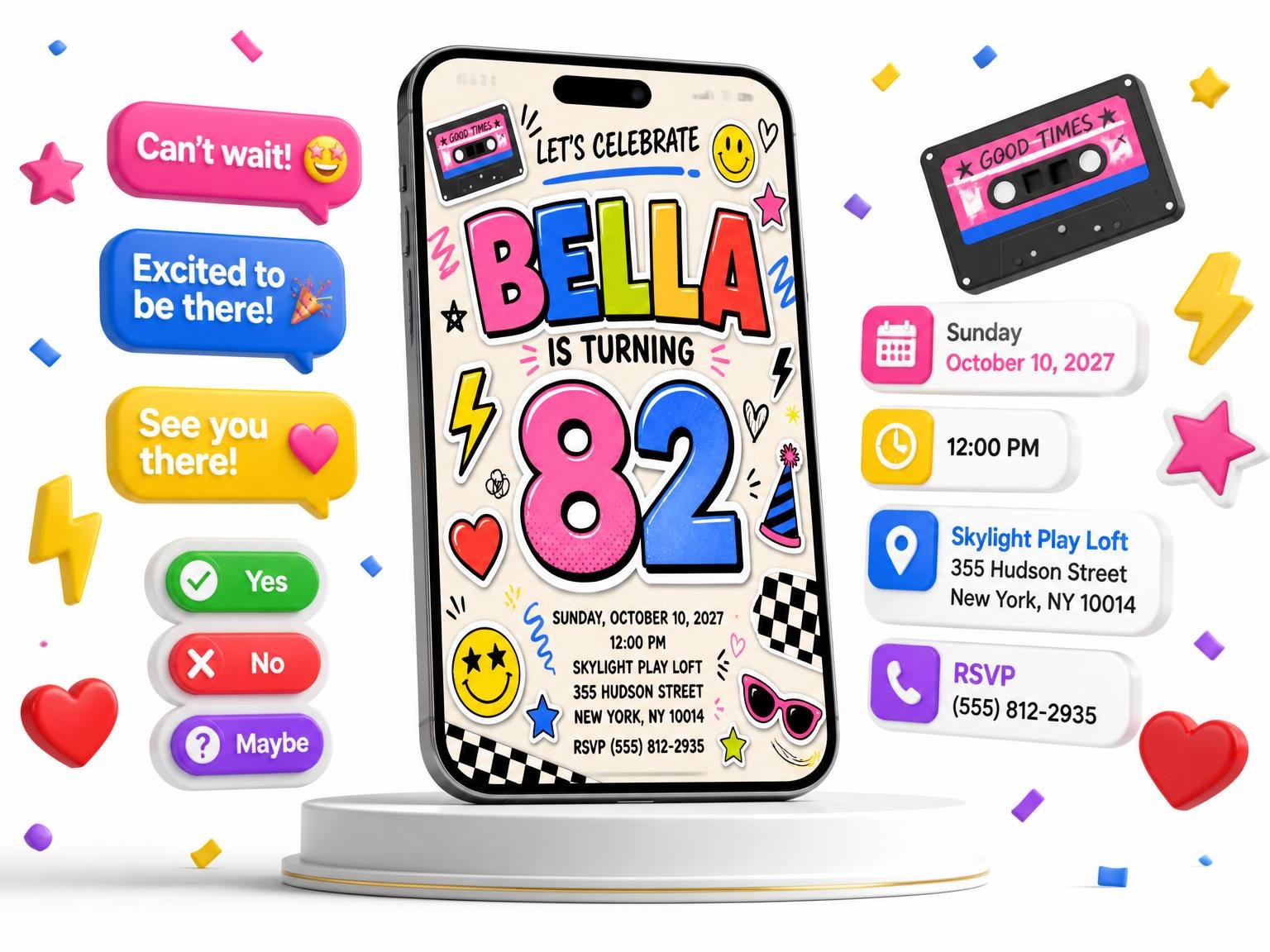 The 90s 82nd Birthday Invitation invitation on a phone, with guest RSVPs arriving around it