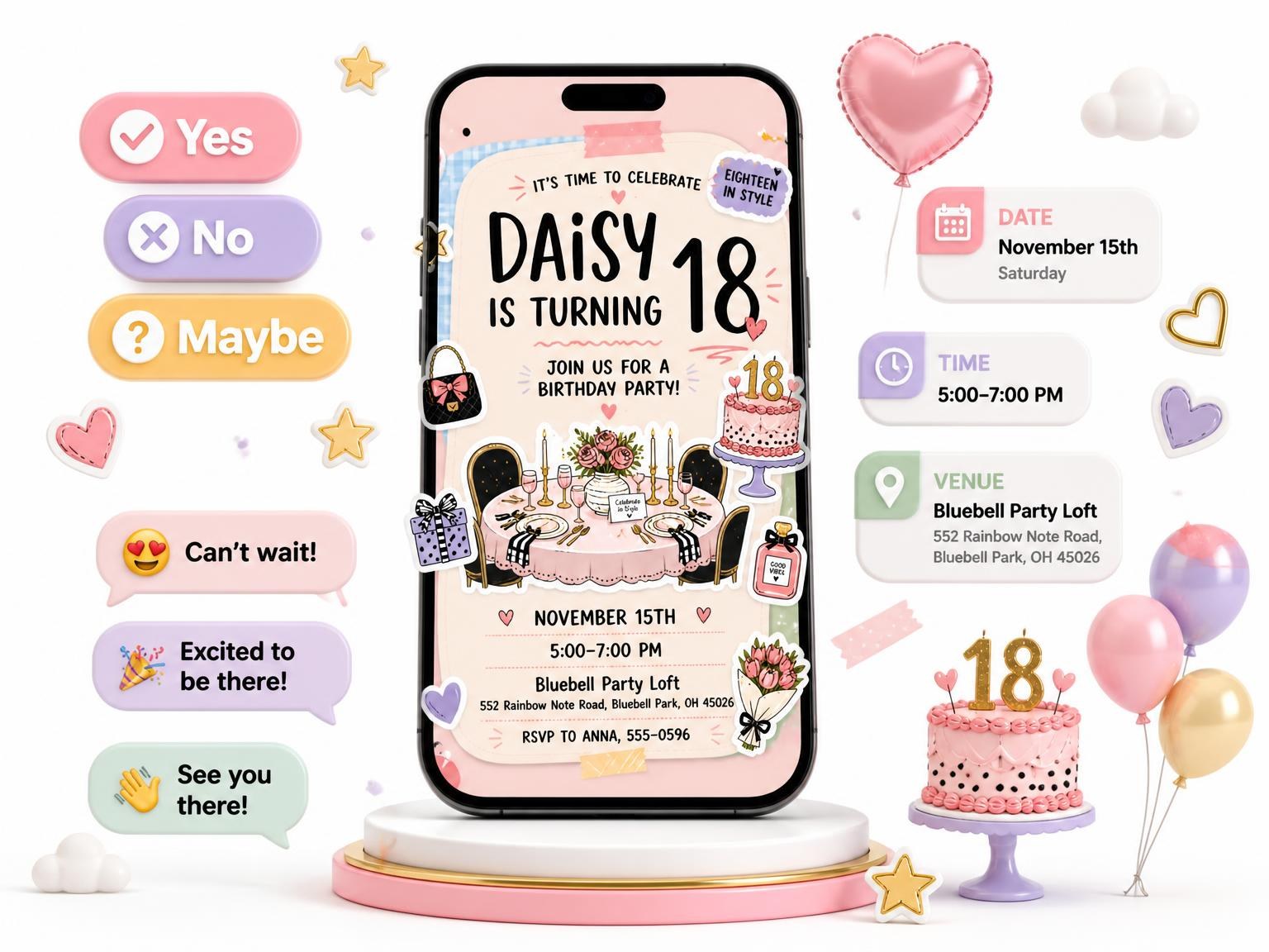The Dinner Table Pastel 18th Birthday Invitation invitation on a phone, with guest RSVPs arriving around it