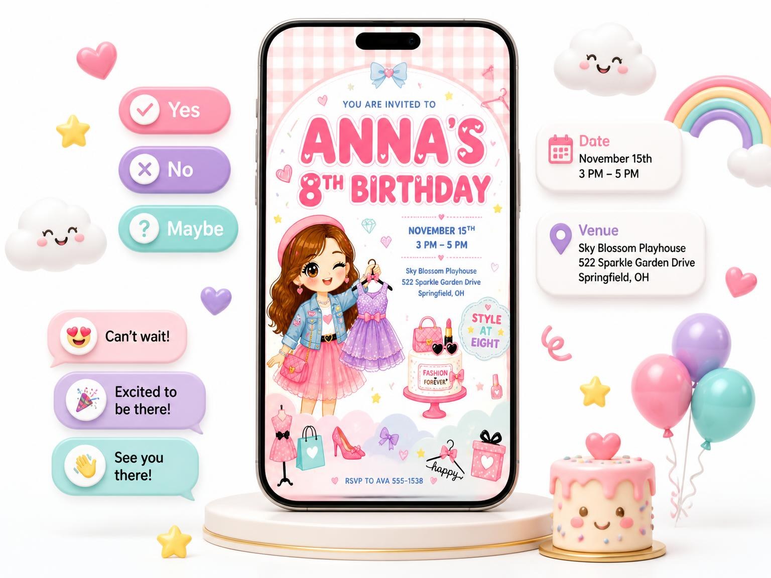 The Fashion Cake Kawaii 8th Birthday Invitation invitation on a phone, with guest RSVPs arriving around it