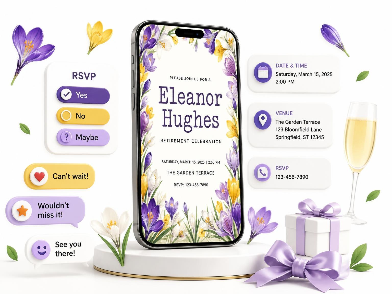The Crocus Retirement Celebration Invitation invitation on a phone, with guest RSVPs arriving around it