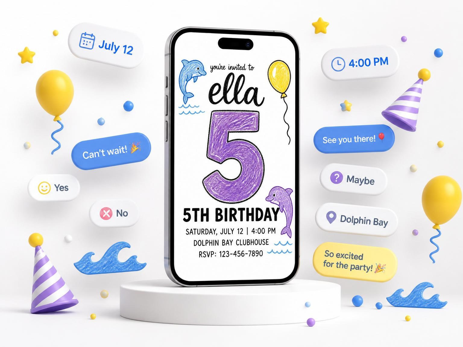 The Crayon Dolphin Ocean 5th Birthday invitation on a phone, with guest RSVPs arriving around it
