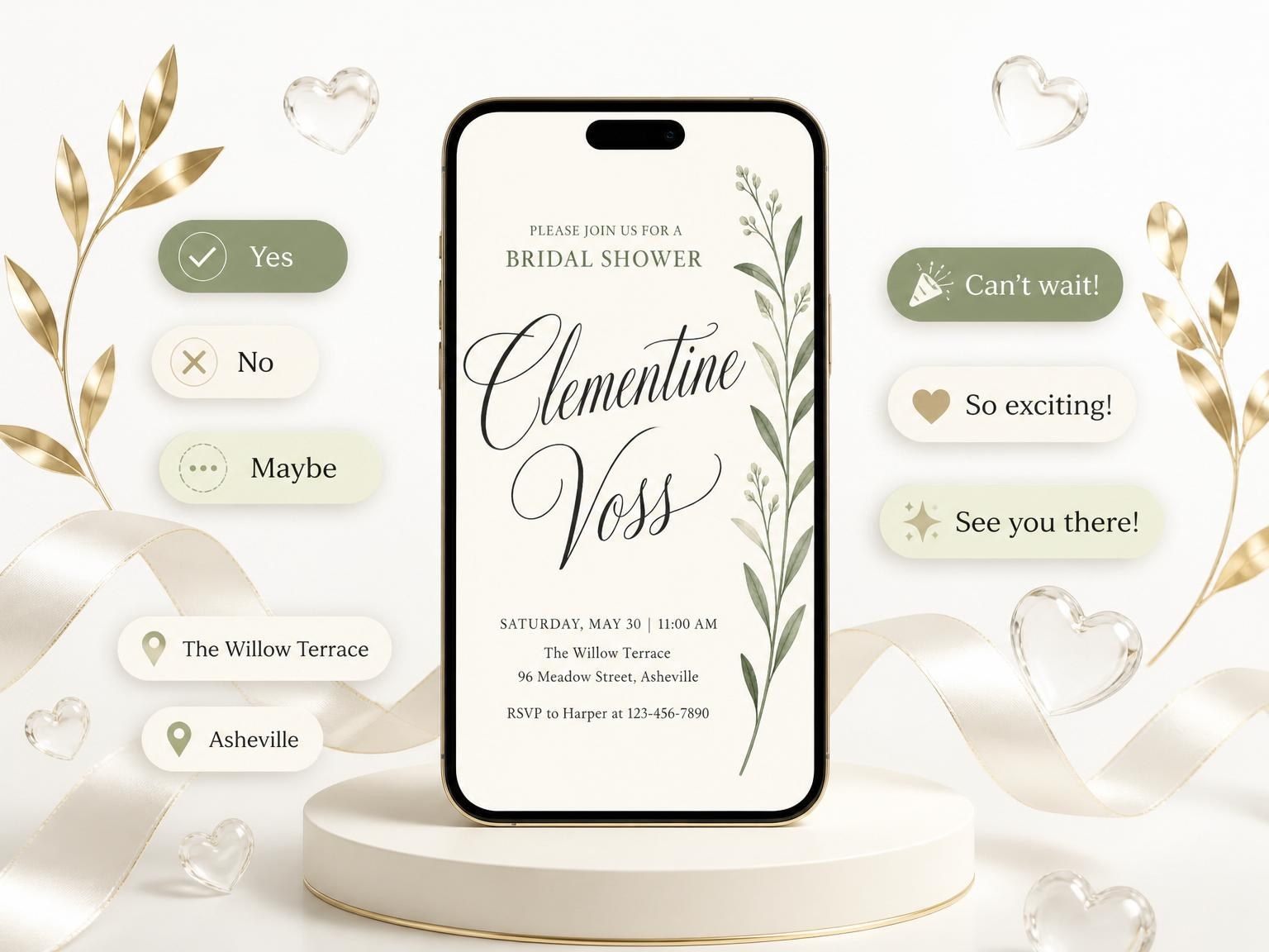 The Watercolor Botanical Cream Bridal Shower invitation on a phone, with guest RSVPs arriving around it