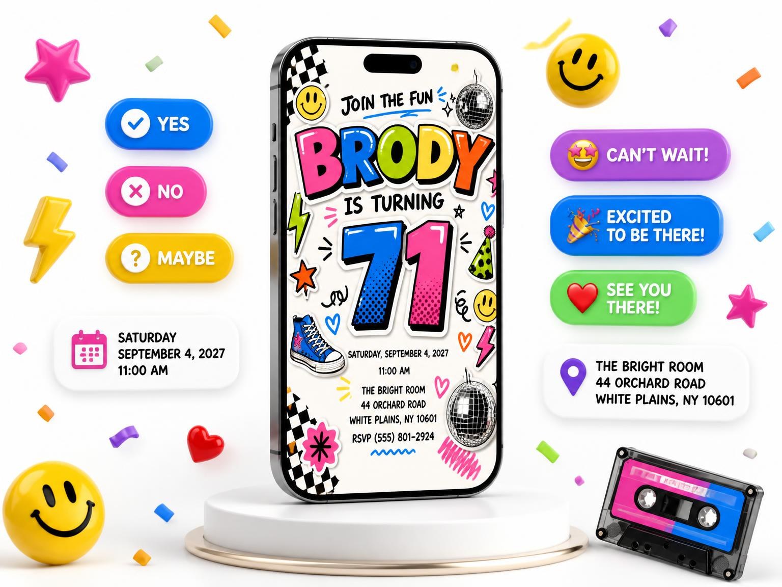 The Sticker Pop 71st Birthday Invitation invitation on a phone, with guest RSVPs arriving around it