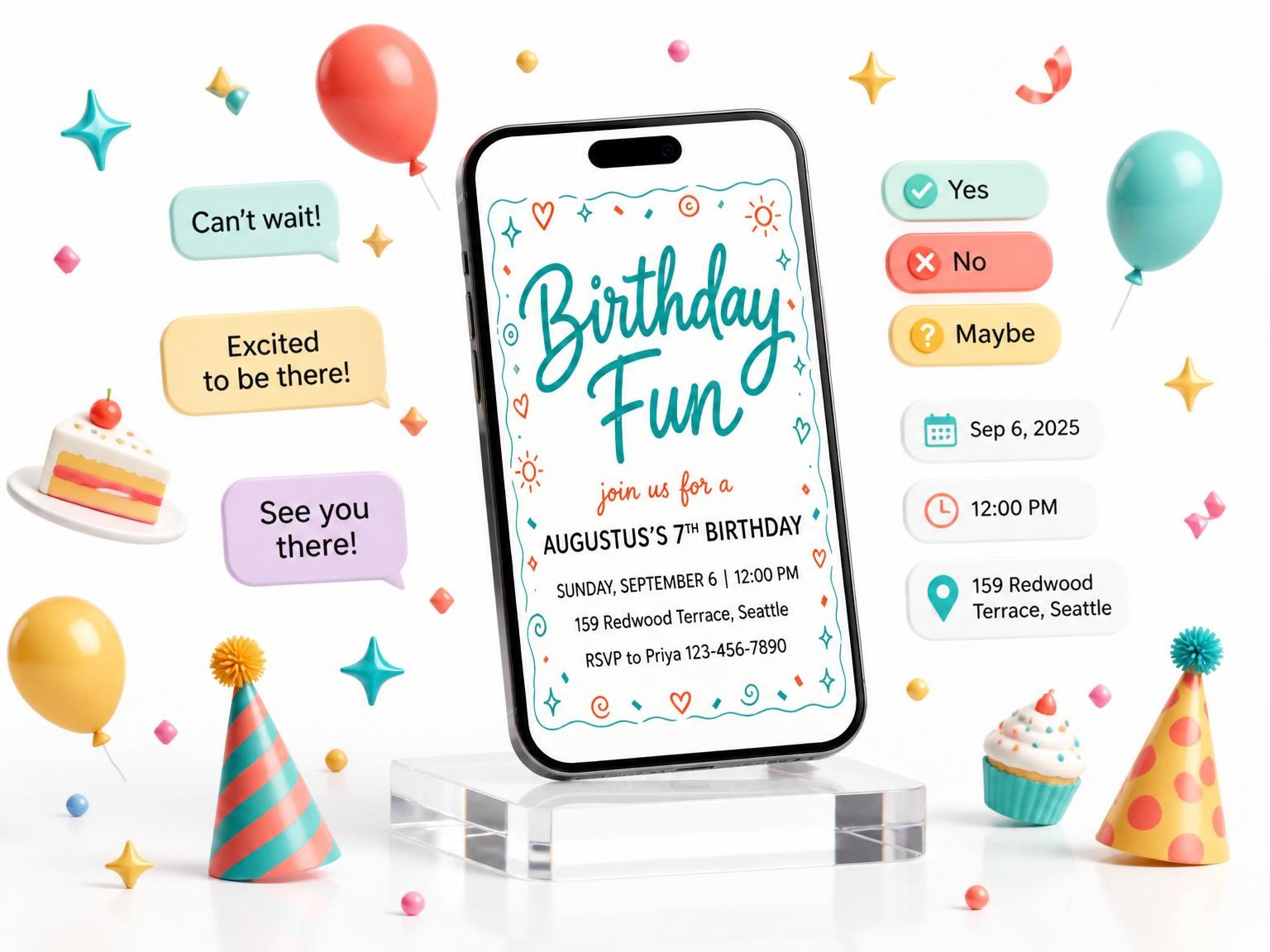 The Teal and Coral Doodle 7th Birthday invitation on a phone, with guest RSVPs arriving around it