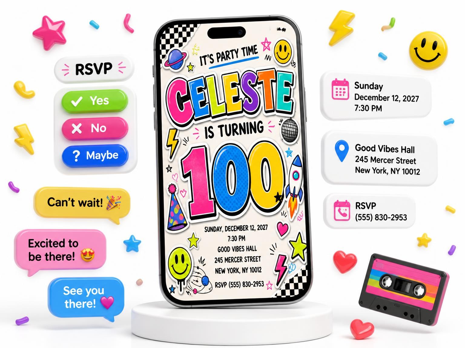 The Sticker Pop 100th Birthday Invitation invitation on a phone, with guest RSVPs arriving around it