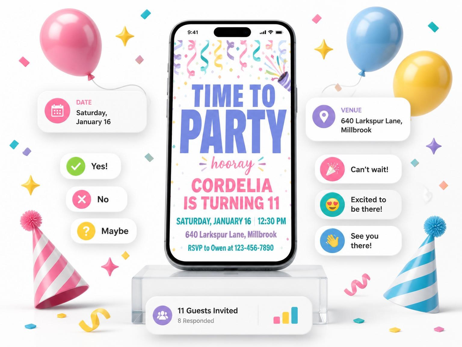 The Pastel Confetti Streamer Birthday Invitation invitation on a phone, with guest RSVPs arriving around it