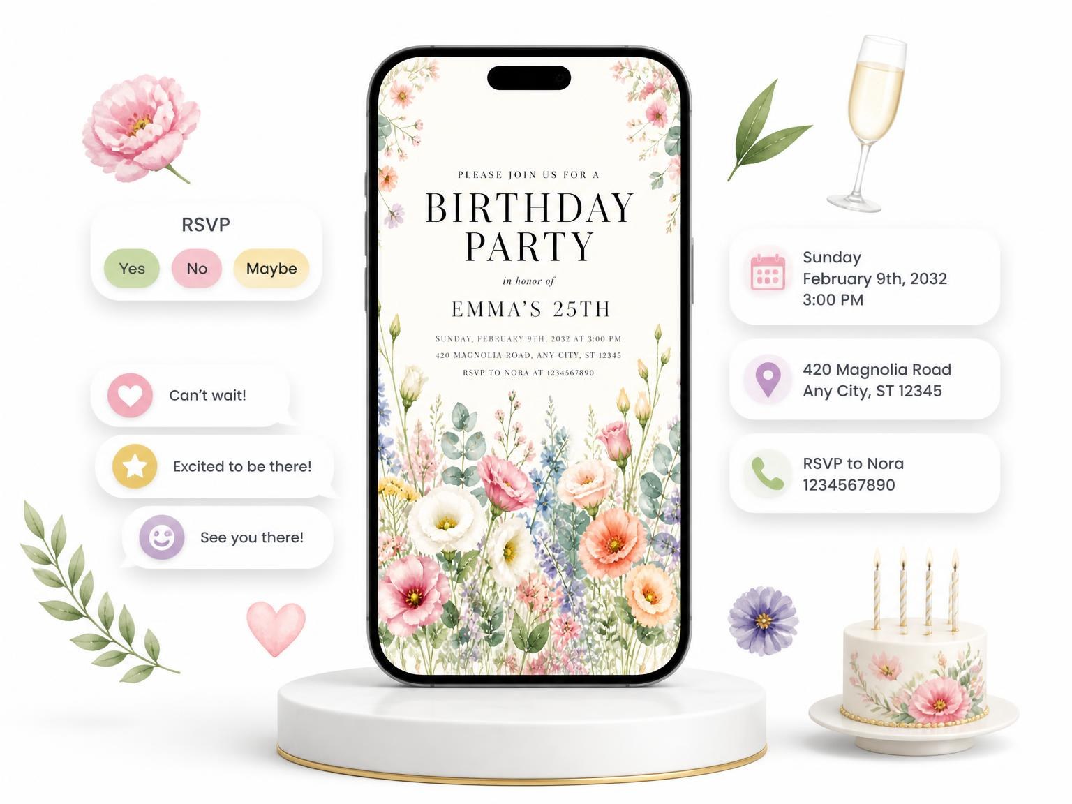 The Pastel Botanical 25th Birthday Invitation invitation on a phone, with guest RSVPs arriving around it