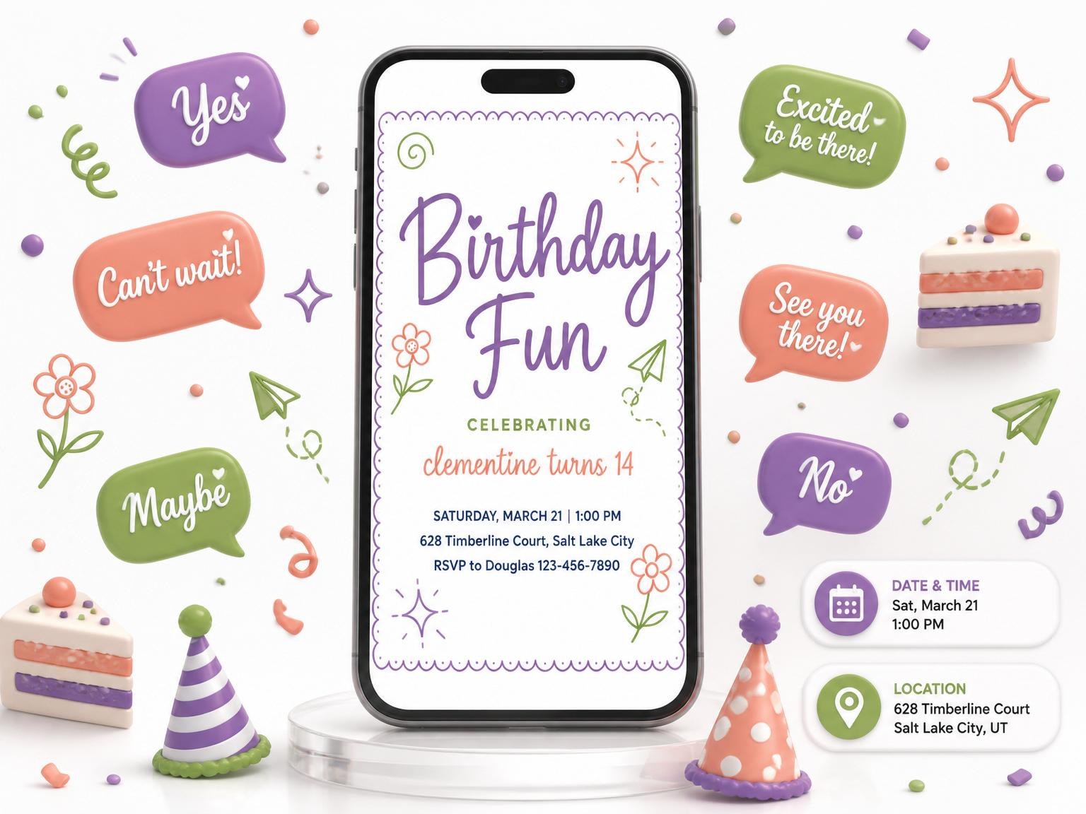 The Pastel Spiral Doodle 14th Birthday Invitation invitation on a phone, with guest RSVPs arriving around it