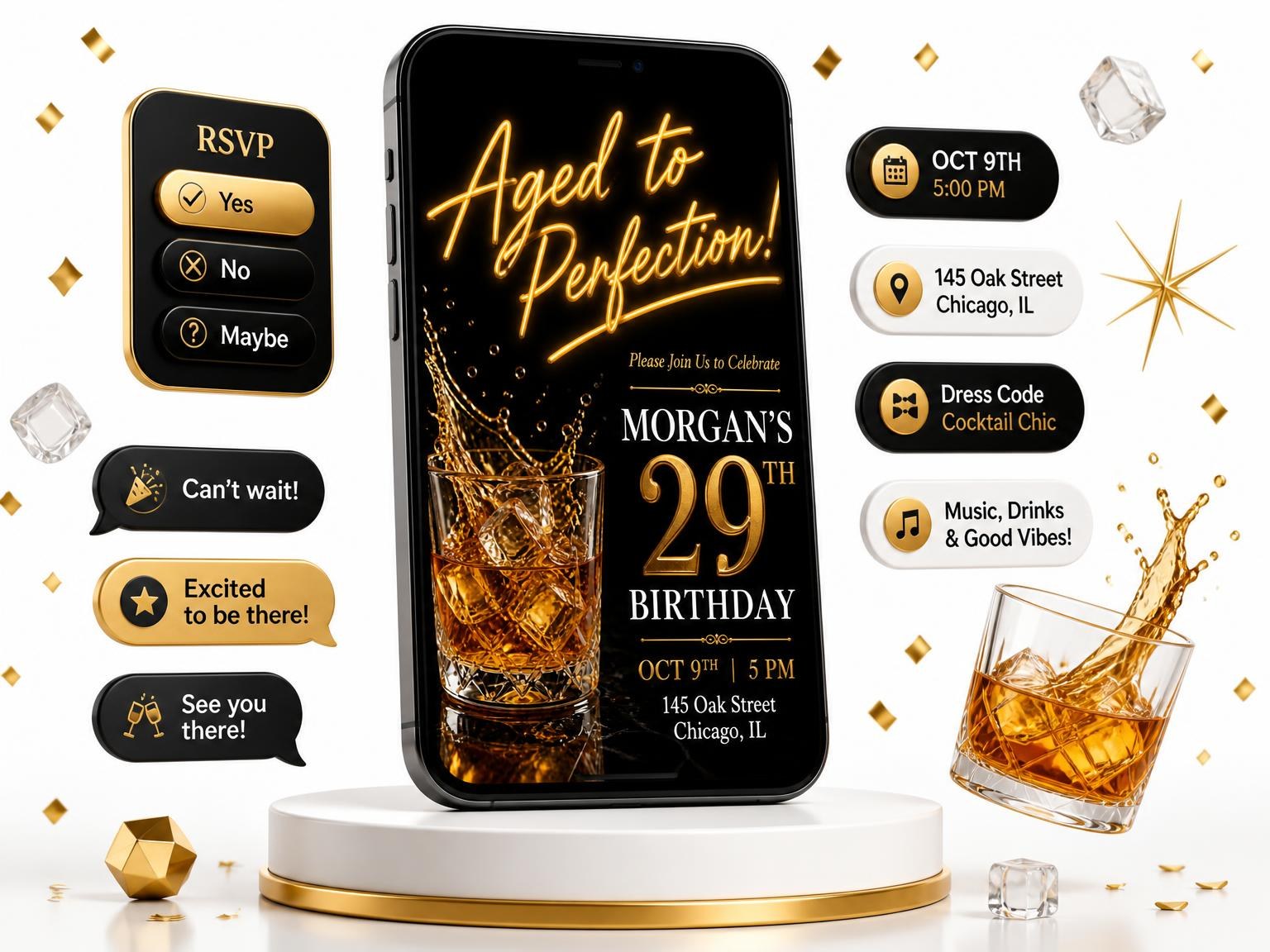 The Crystal Whiskey 29th Birthday Invitation invitation on a phone, with guest RSVPs arriving around it