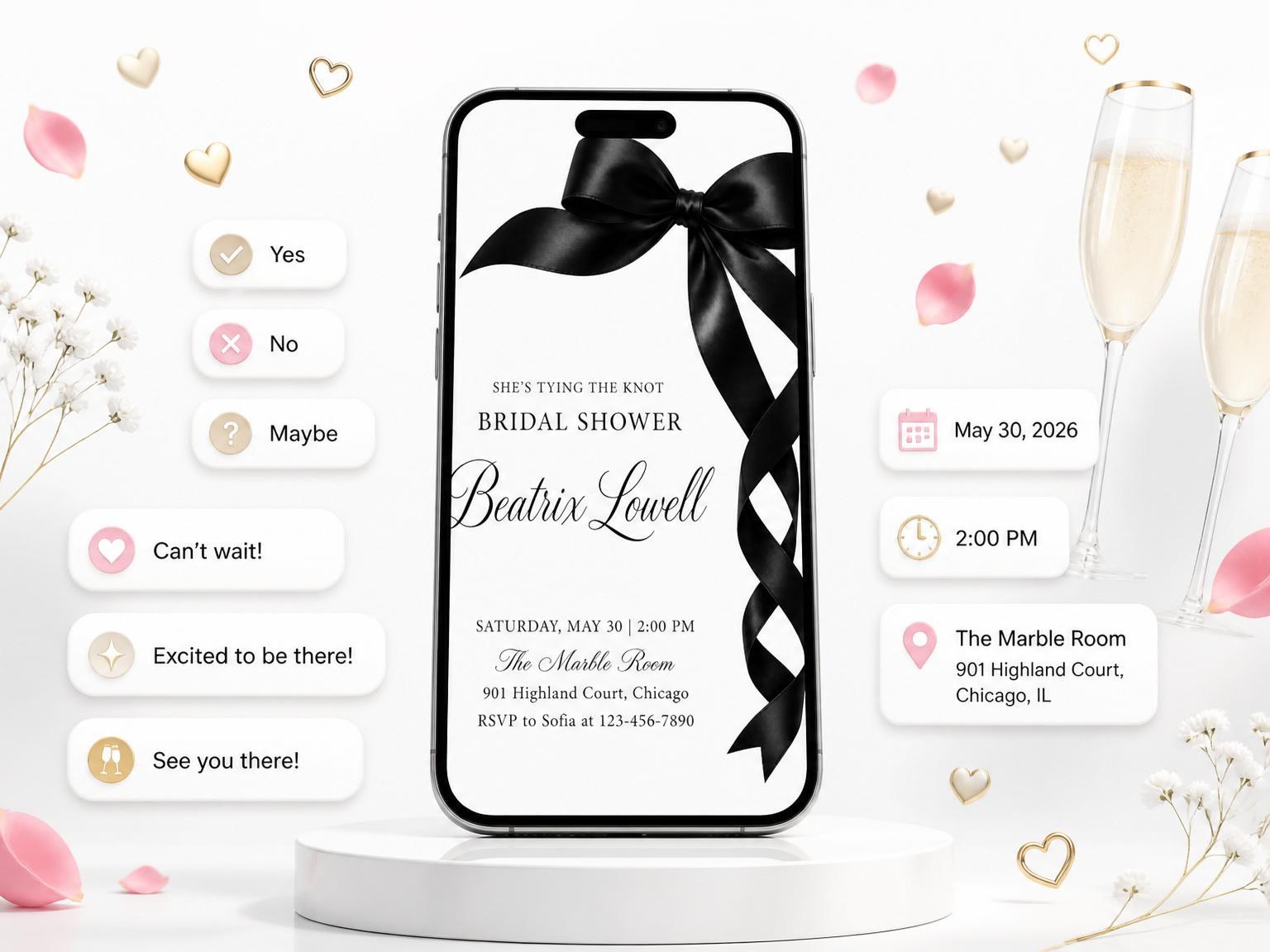 The Black Silk Ribbon Bridal Shower invitation on a phone, with guest RSVPs arriving around it