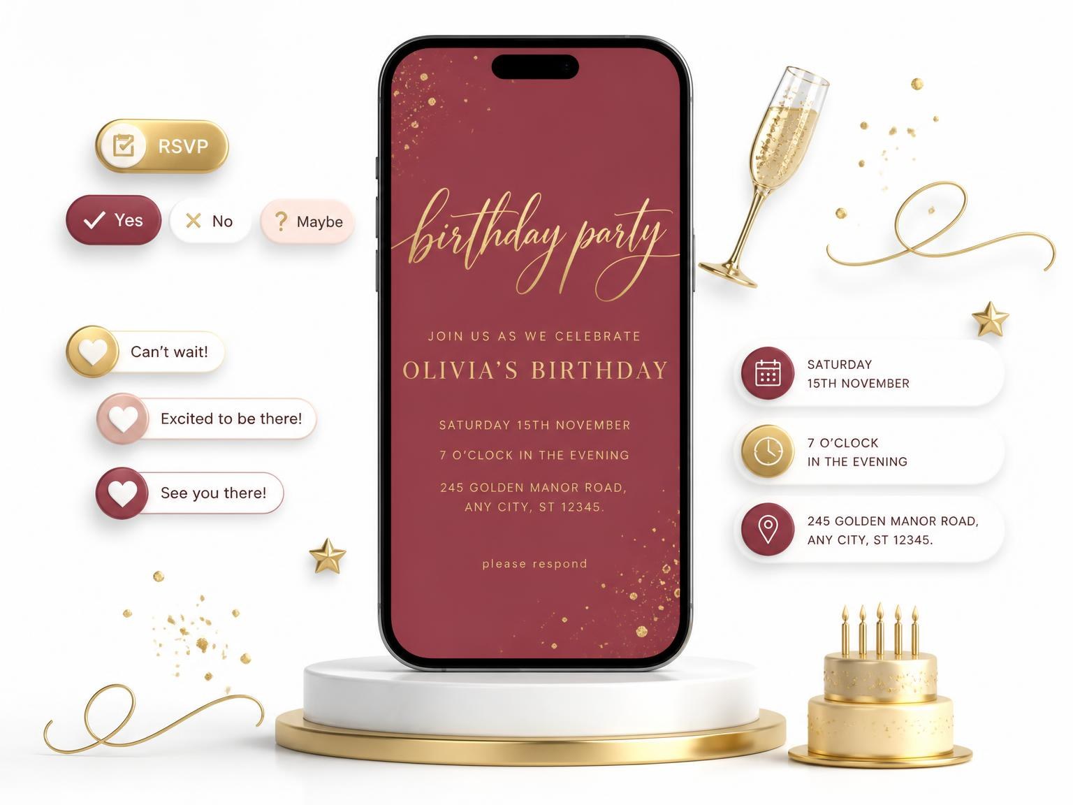 The Deep Rose and Gold Birthday Invitation invitation on a phone, with guest RSVPs arriving around it
