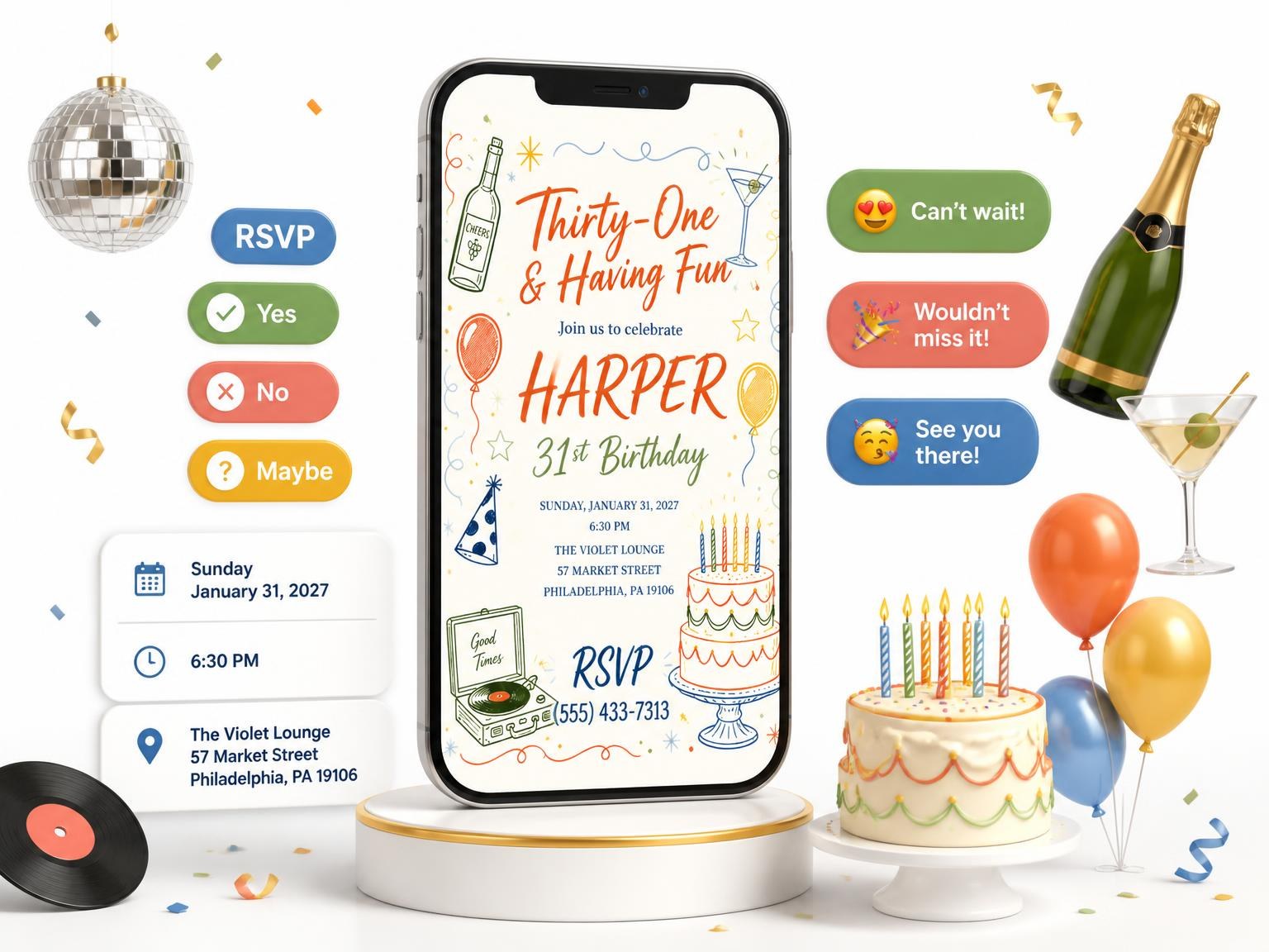 The Retro Doodle 31st Birthday Invitation invitation on a phone, with guest RSVPs arriving around it