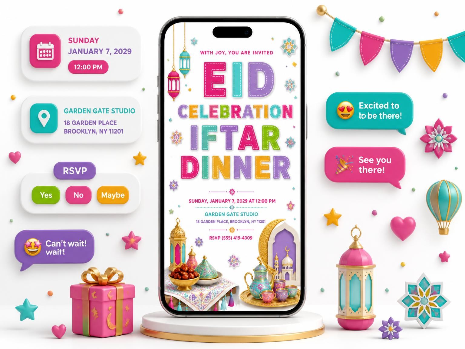The Eid Celebration / Iftar Dinner Invitation invitation on a phone, with guest RSVPs arriving around it