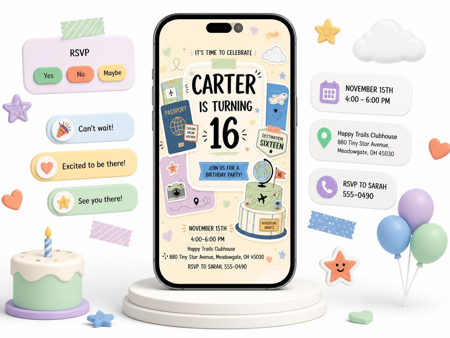 The Book Stamp Pastel 16th Birthday Invitation invitation on a phone, with guest RSVPs arriving around it