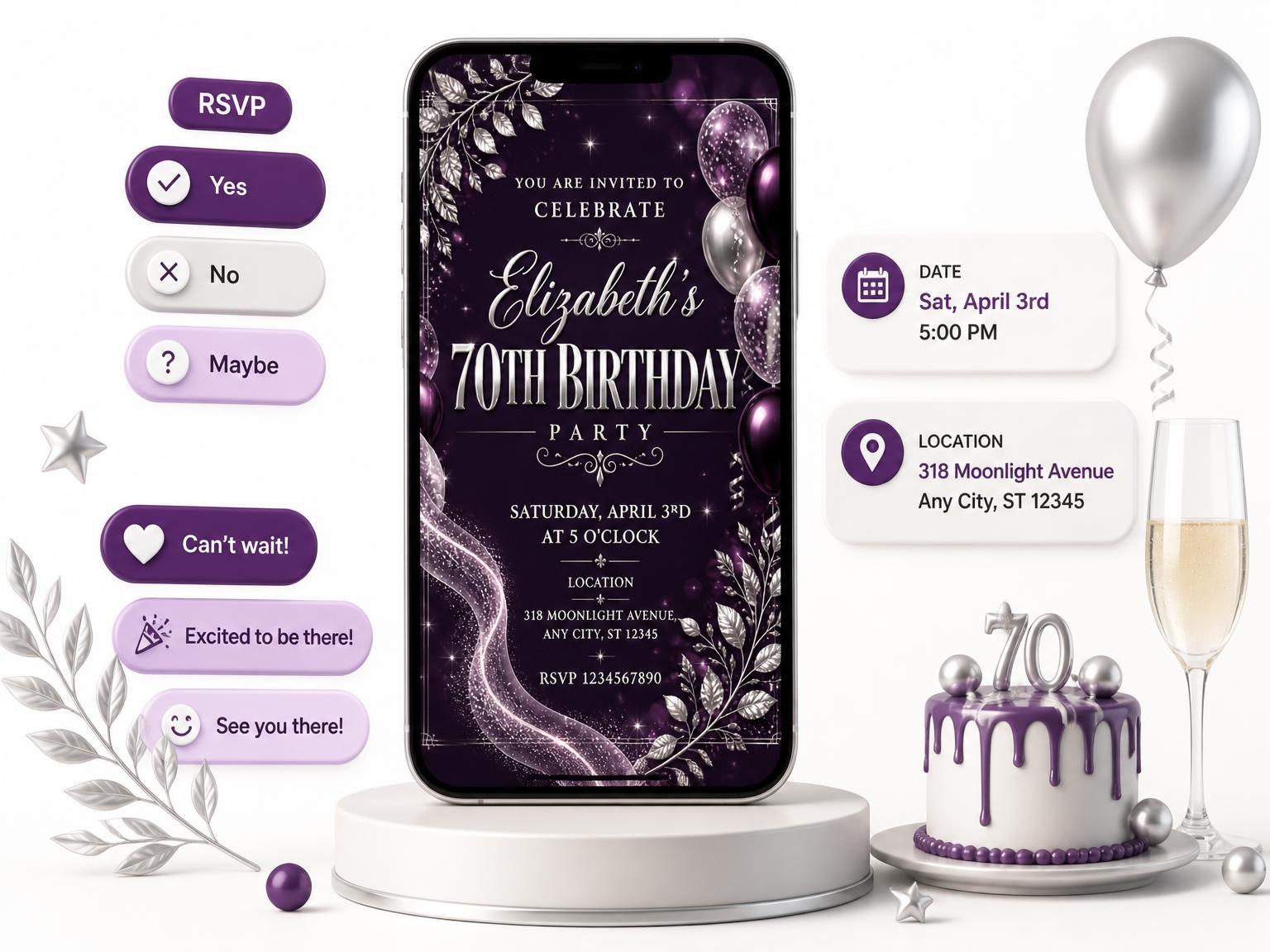 The Plum and Silver 70th Birthday Invitation invitation on a phone, with guest RSVPs arriving around it