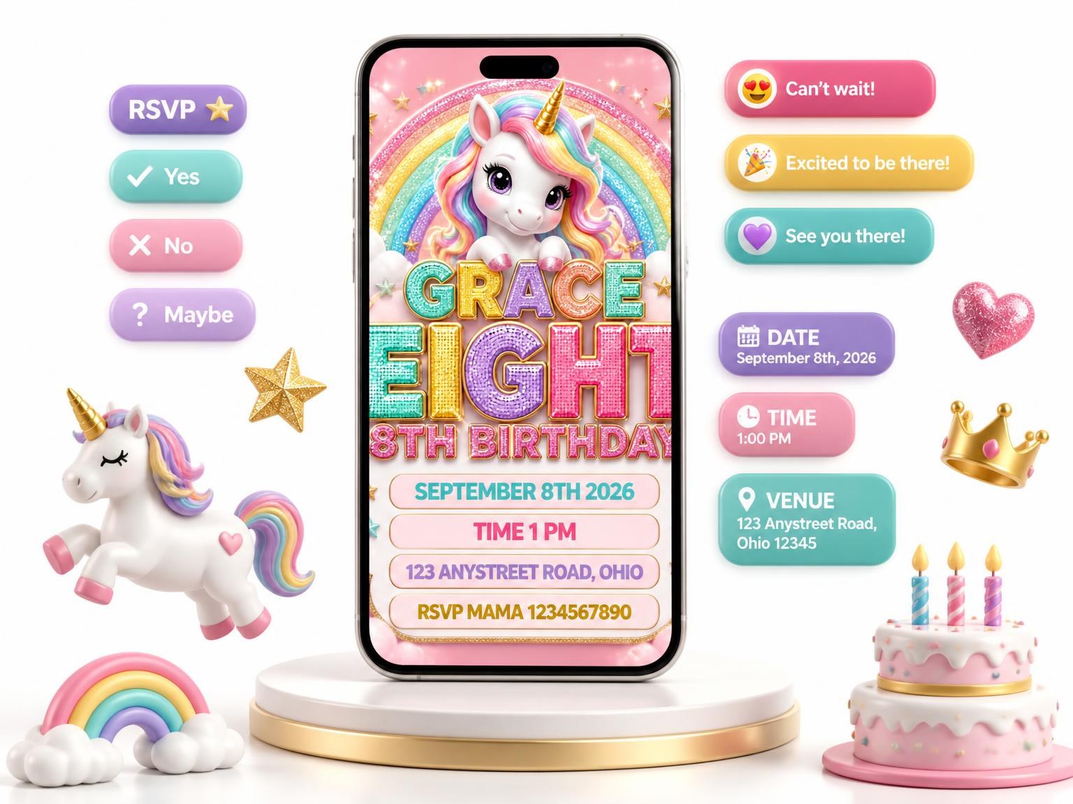 The Glitter Unicorn 8th Birthday Invitation invitation on a phone, with guest RSVPs arriving around it