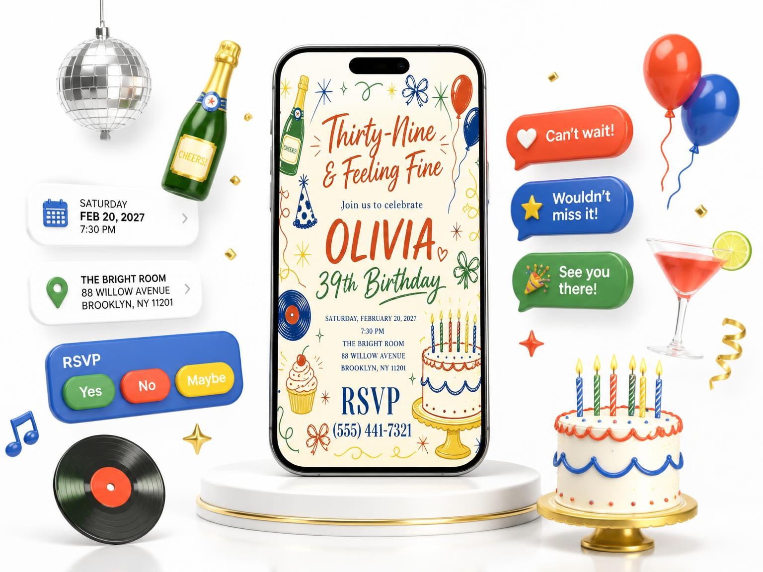 The Retro Doodle 39th Birthday Invitation invitation on a phone, with guest RSVPs arriving around it