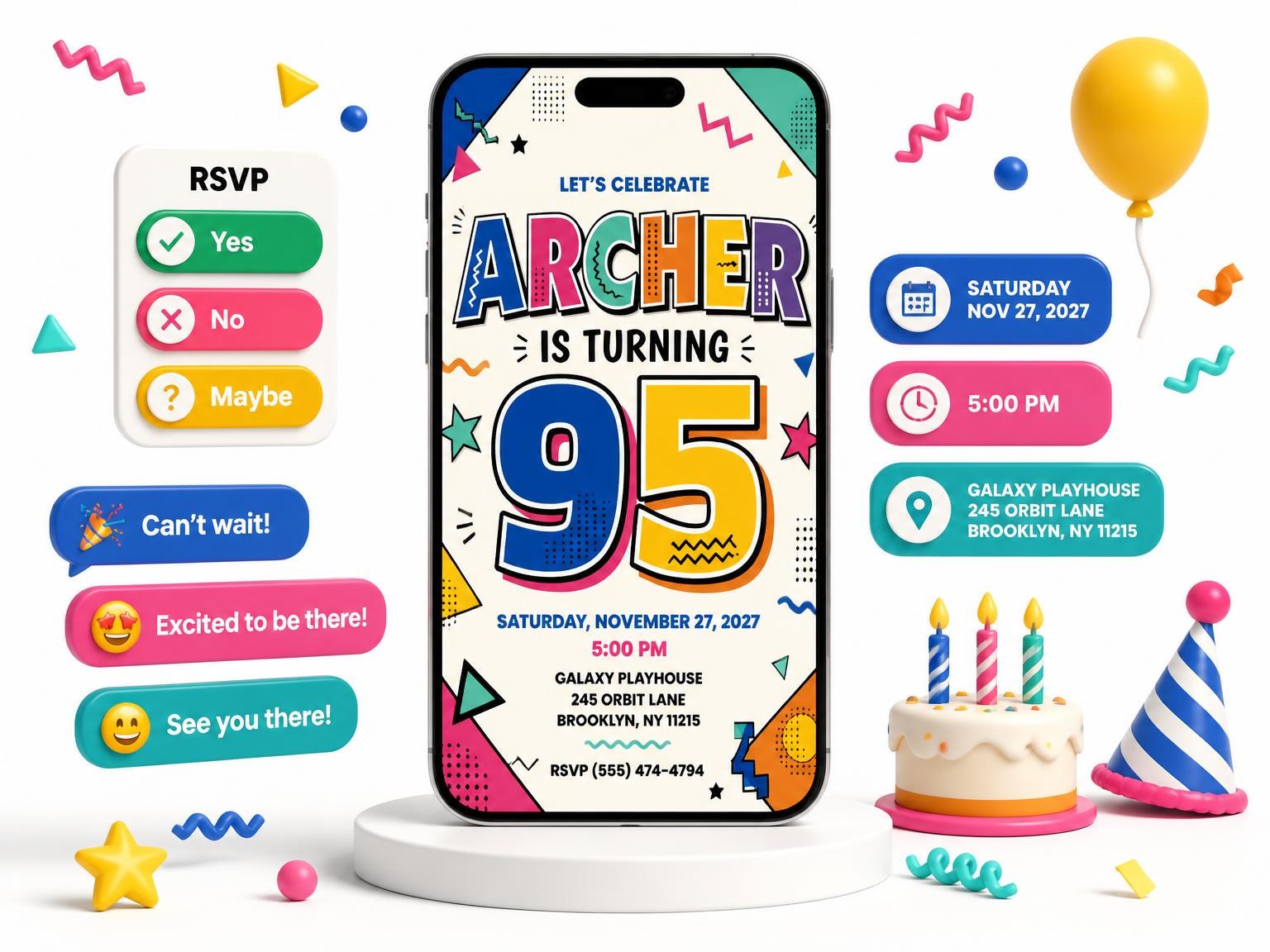 The Memphis Pop 95th Birthday Invitation invitation on a phone, with guest RSVPs arriving around it
