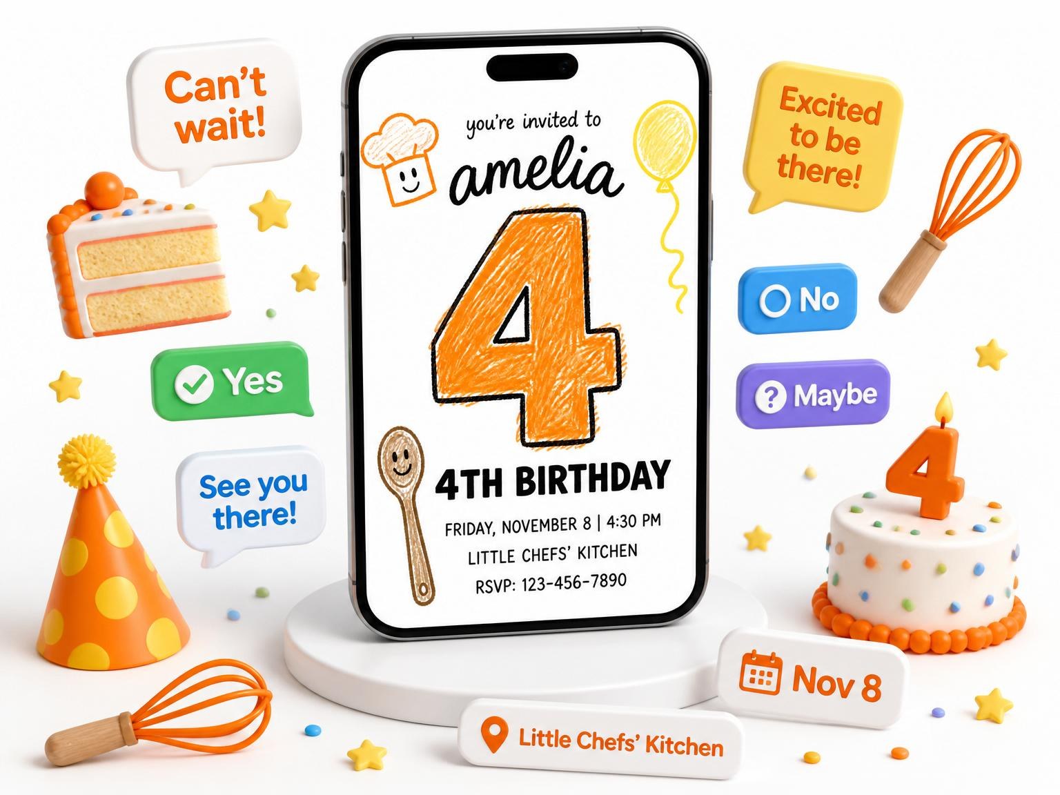 The Crayon Baking Kids Birthday Invitation invitation on a phone, with guest RSVPs arriving around it