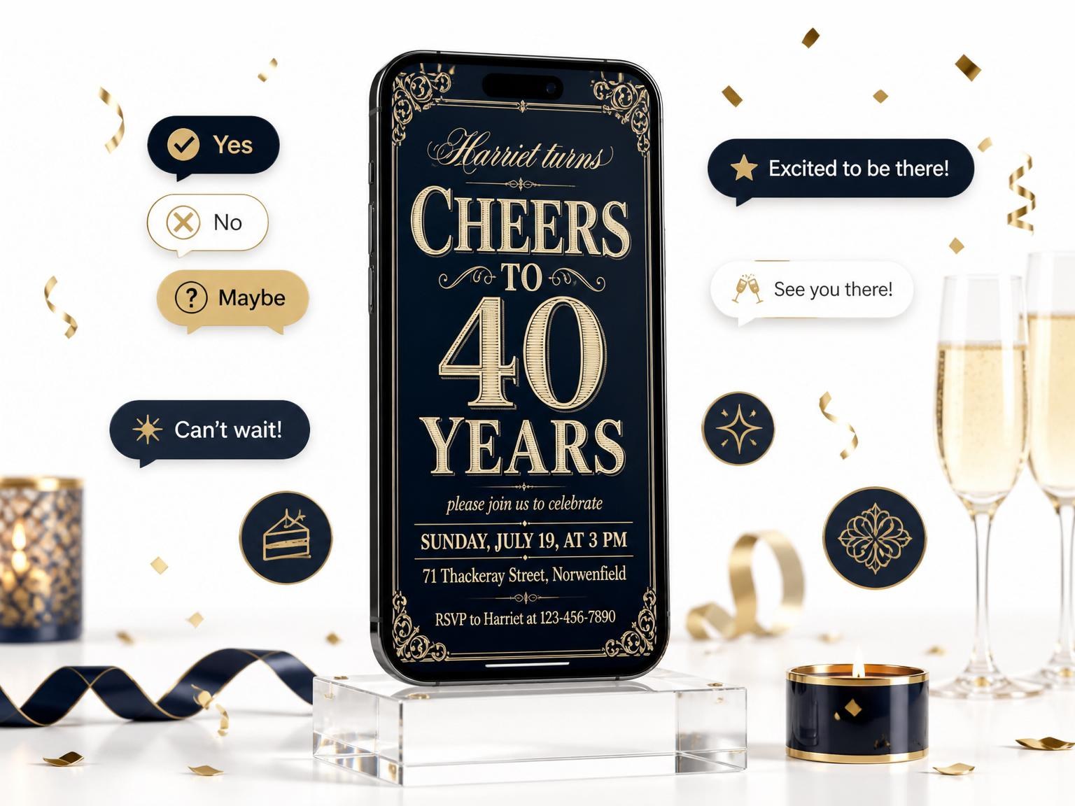 The Navy Cream Vintage Border 40th Birthday invitation on a phone, with guest RSVPs arriving around it