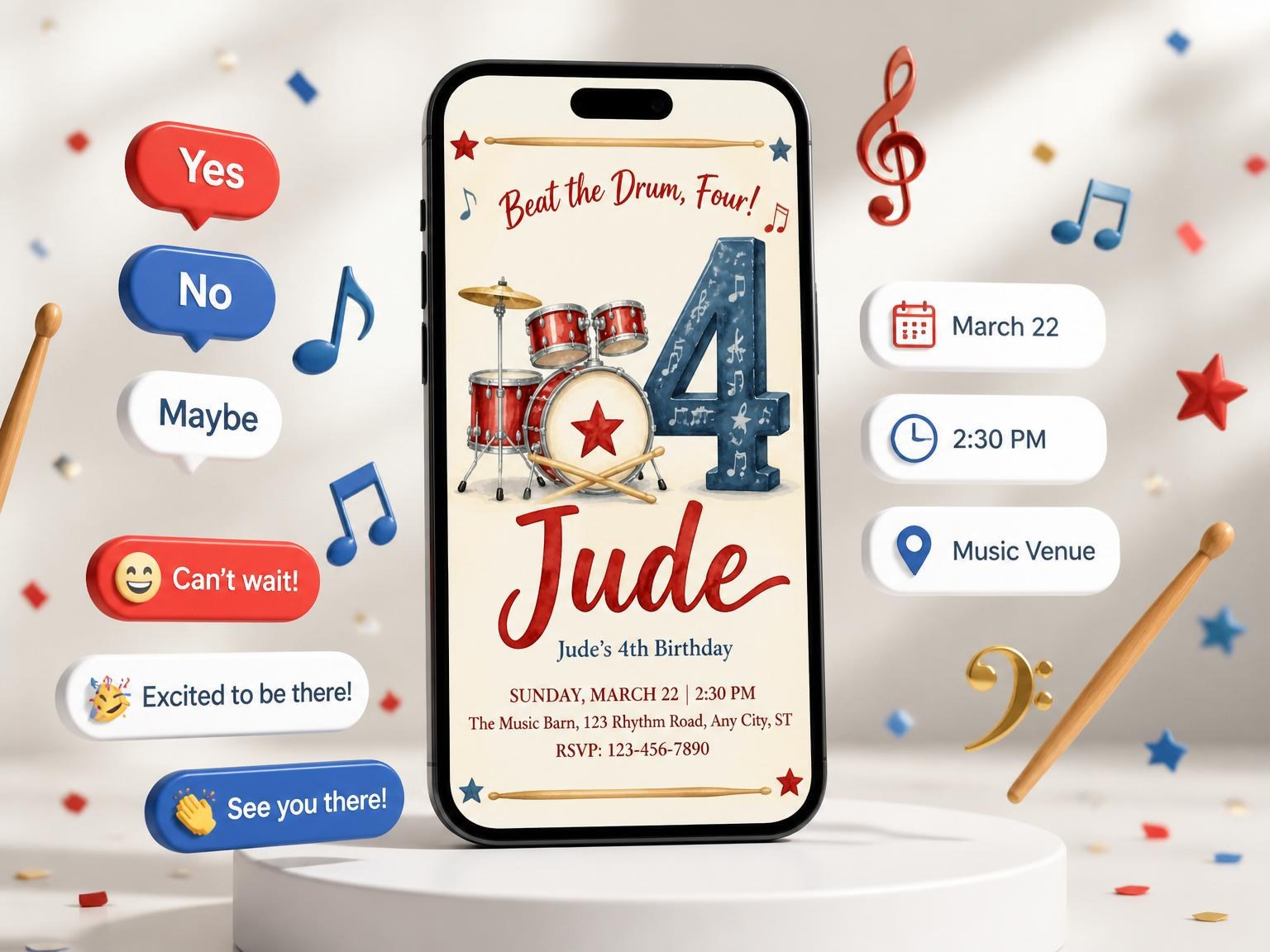 The Red White Blue Drum 4th Birthday invitation on a phone, with guest RSVPs arriving around it