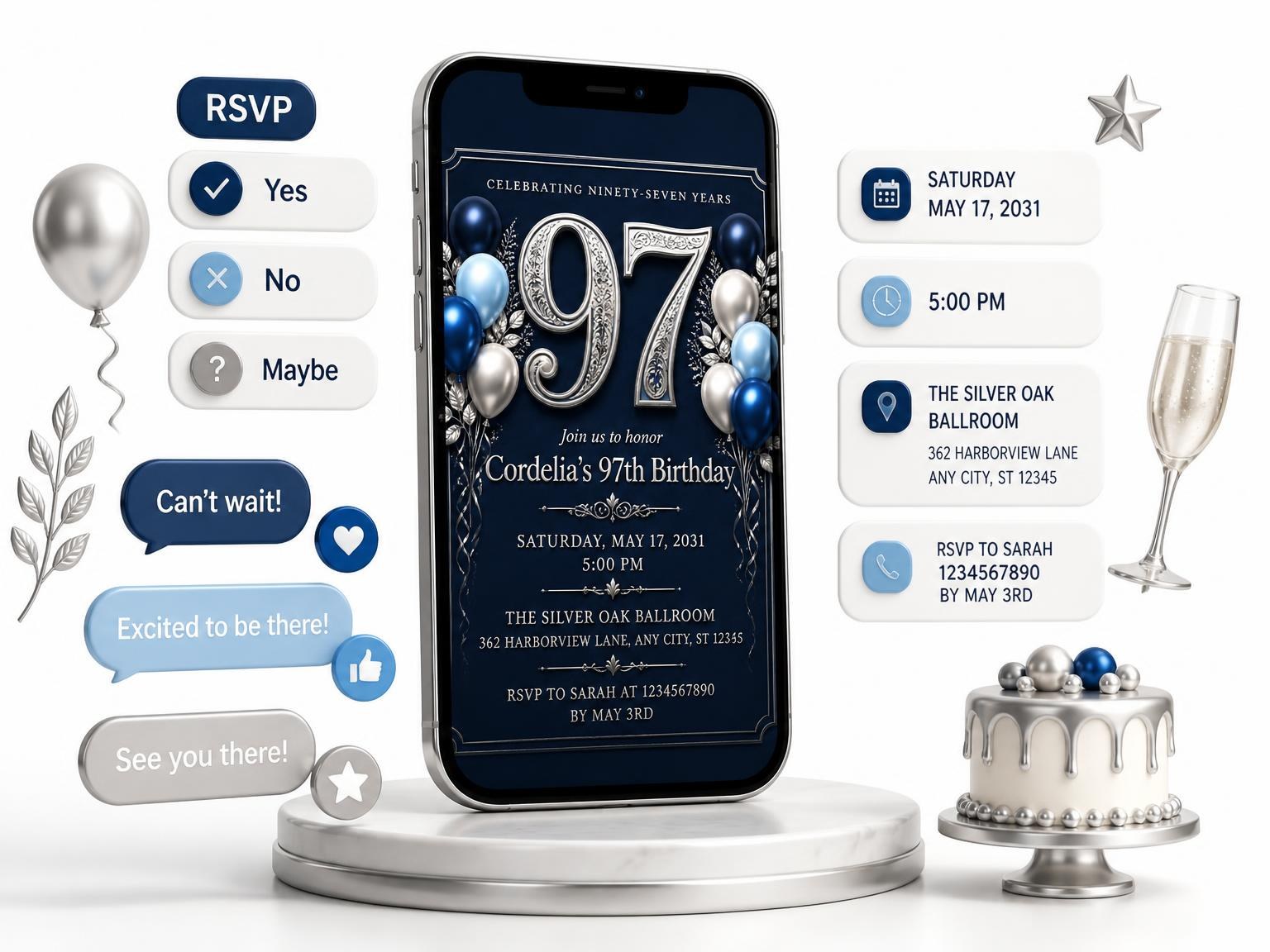 The Navy and Silver 97th Birthday Invitation invitation on a phone, with guest RSVPs arriving around it