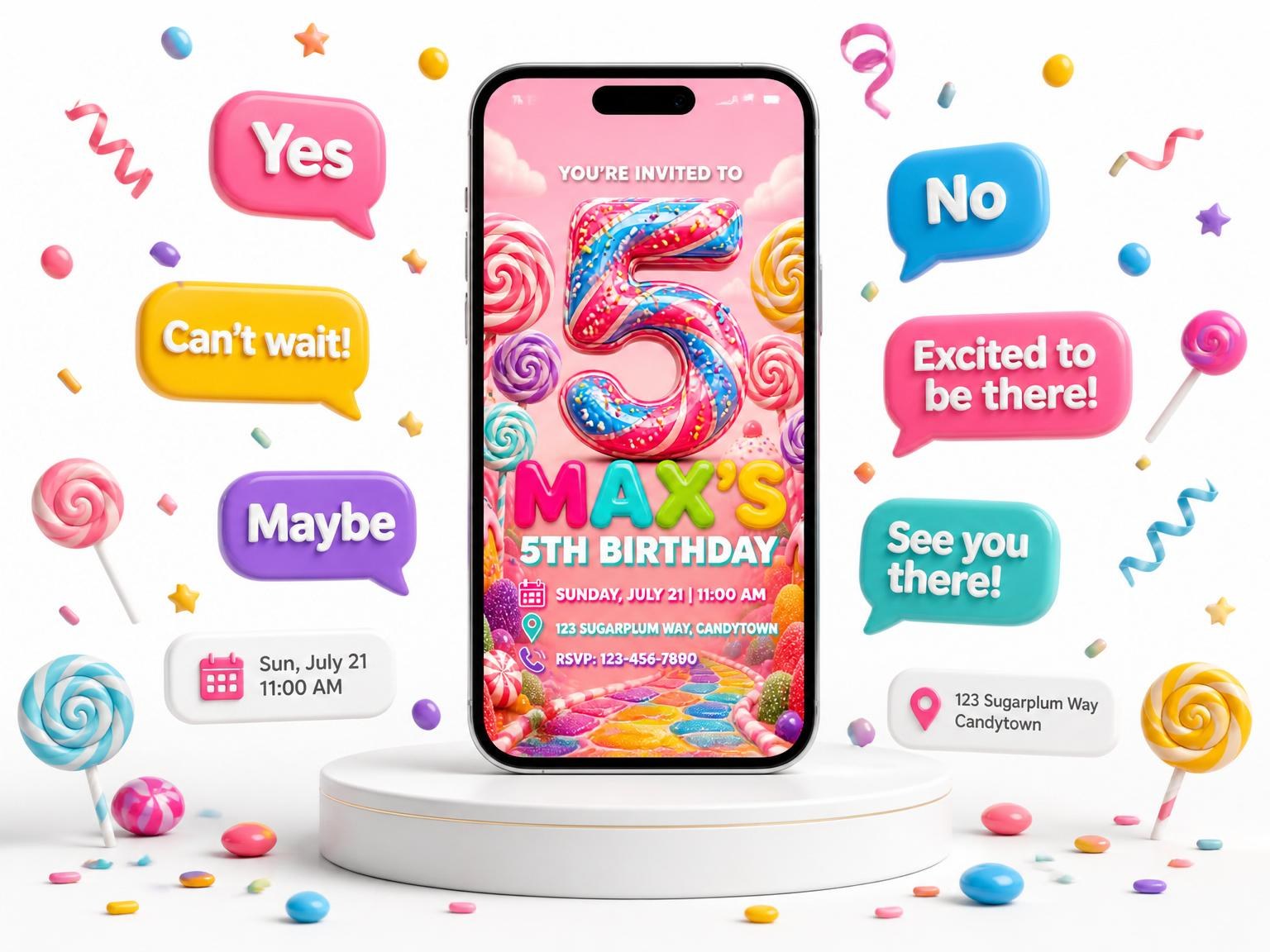 The Candy Land 5th Birthday Invitation invitation on a phone, with guest RSVPs arriving around it