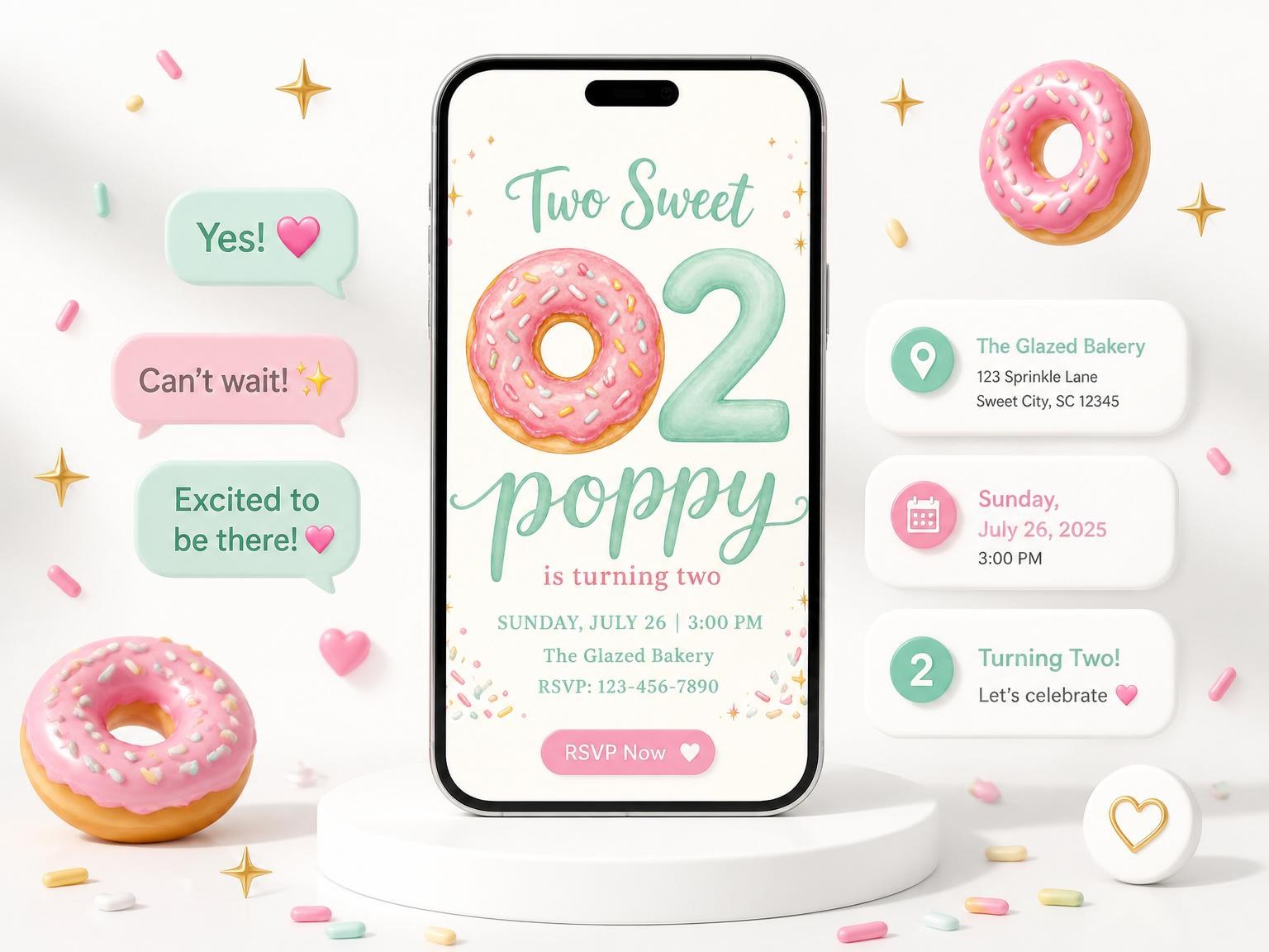 The Pink Donut Pastel 2nd Birthday invitation on a phone, with guest RSVPs arriving around it