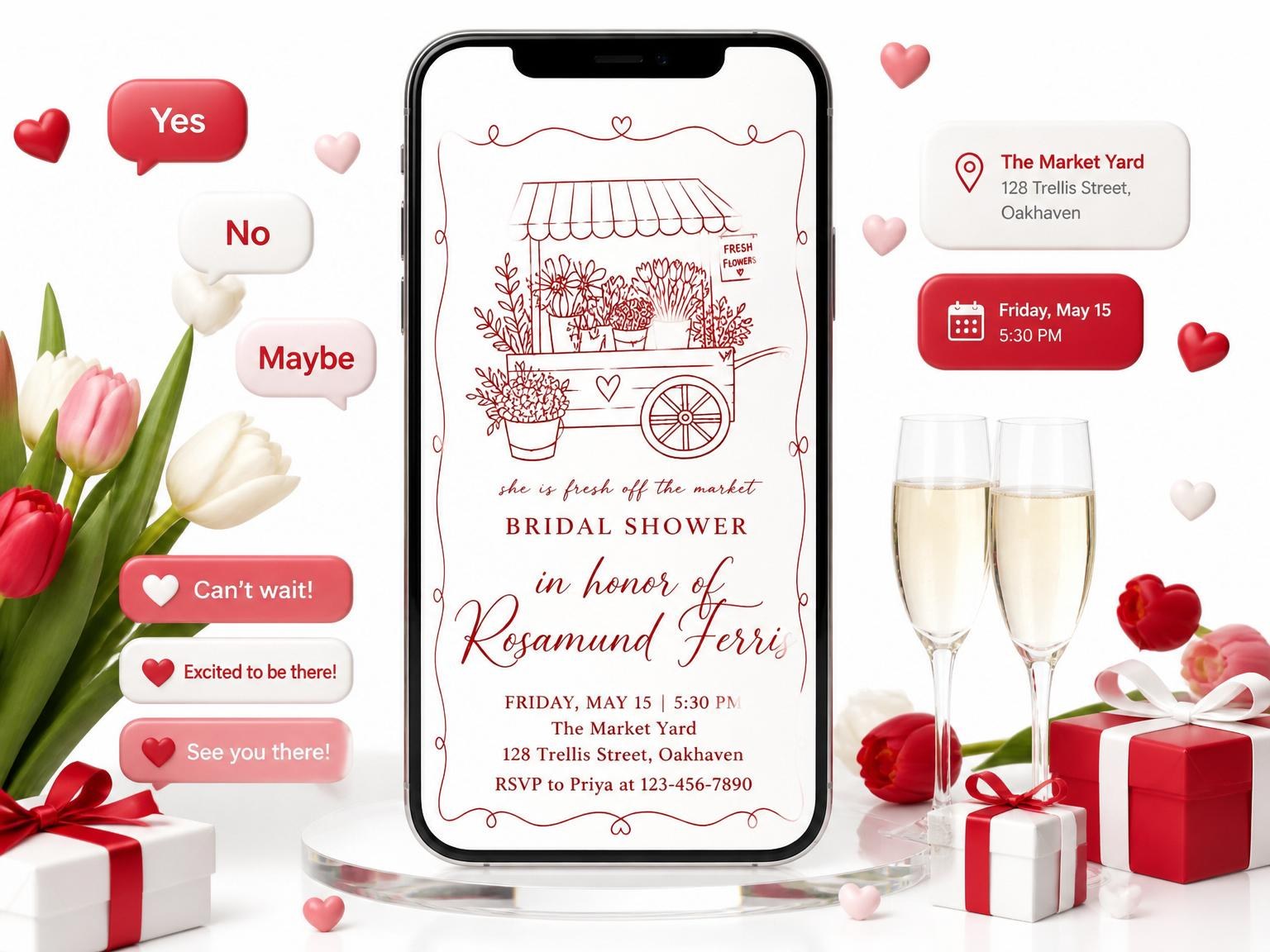 The Red Line Art Flower Market Bridal Shower invitation on a phone, with guest RSVPs arriving around it