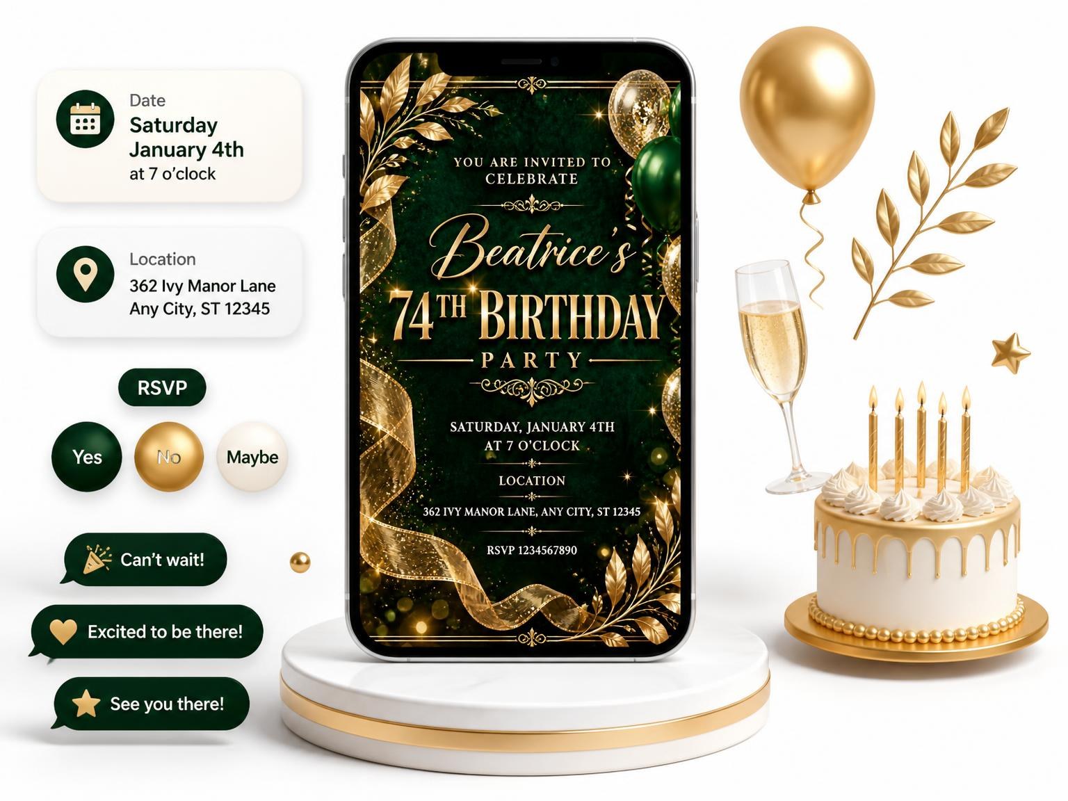 The Emerald and Champagne 74th Birthday Invitation invitation on a phone, with guest RSVPs arriving around it