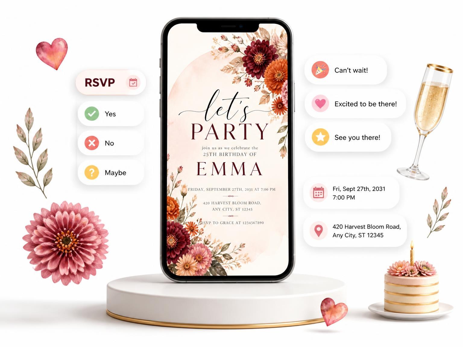 The Autumn Zinnia Arch 25th Birthday Invitation invitation on a phone, with guest RSVPs arriving around it