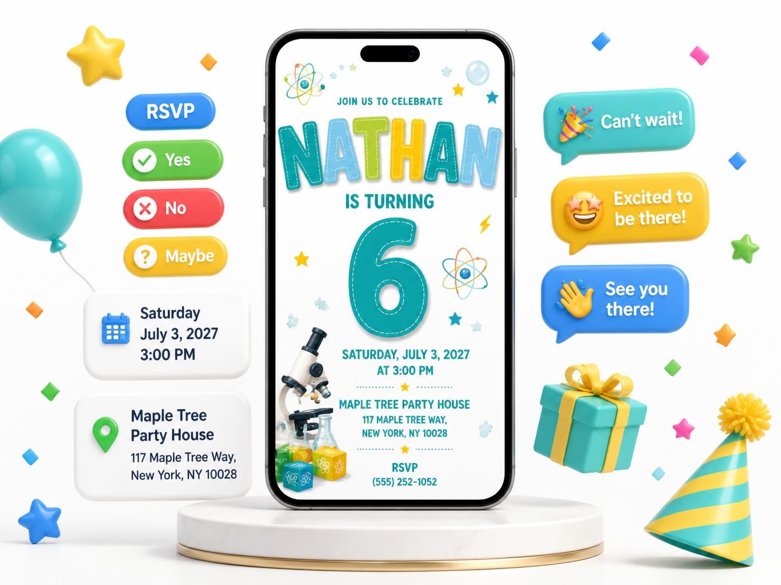 The Lab Flasks Stitched 6th Birthday Invitation invitation on a phone, with guest RSVPs arriving around it
