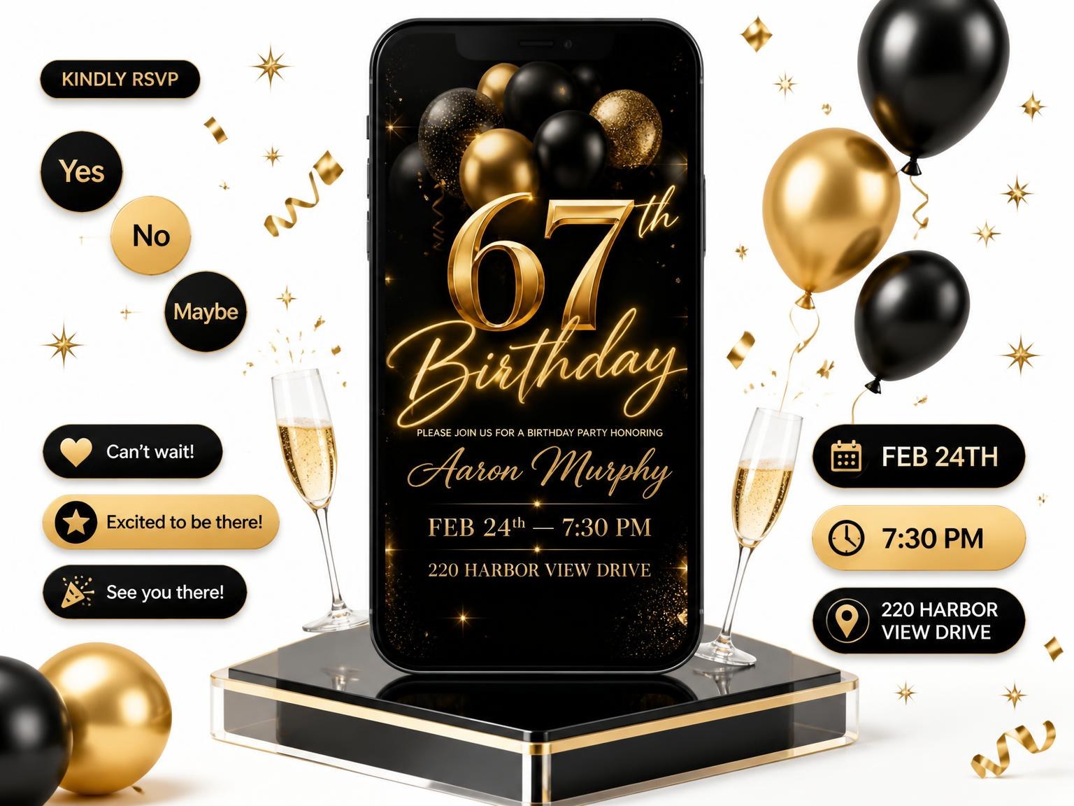 The Black and Gold Balloon 67th Birthday invitation on a phone, with guest RSVPs arriving around it