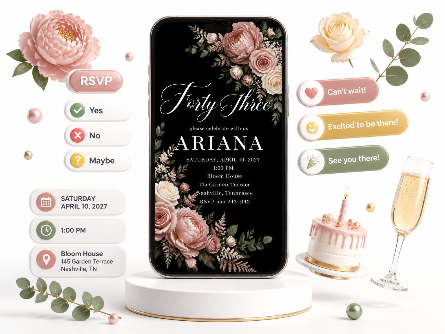 The Black Floral 43rd Birthday Invitation invitation on a phone, with guest RSVPs arriving around it