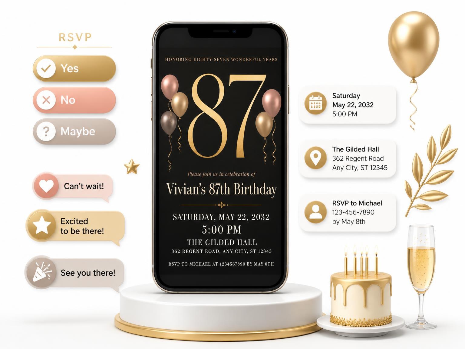 The Charcoal and Blush 87th Birthday Invitation invitation on a phone, with guest RSVPs arriving around it