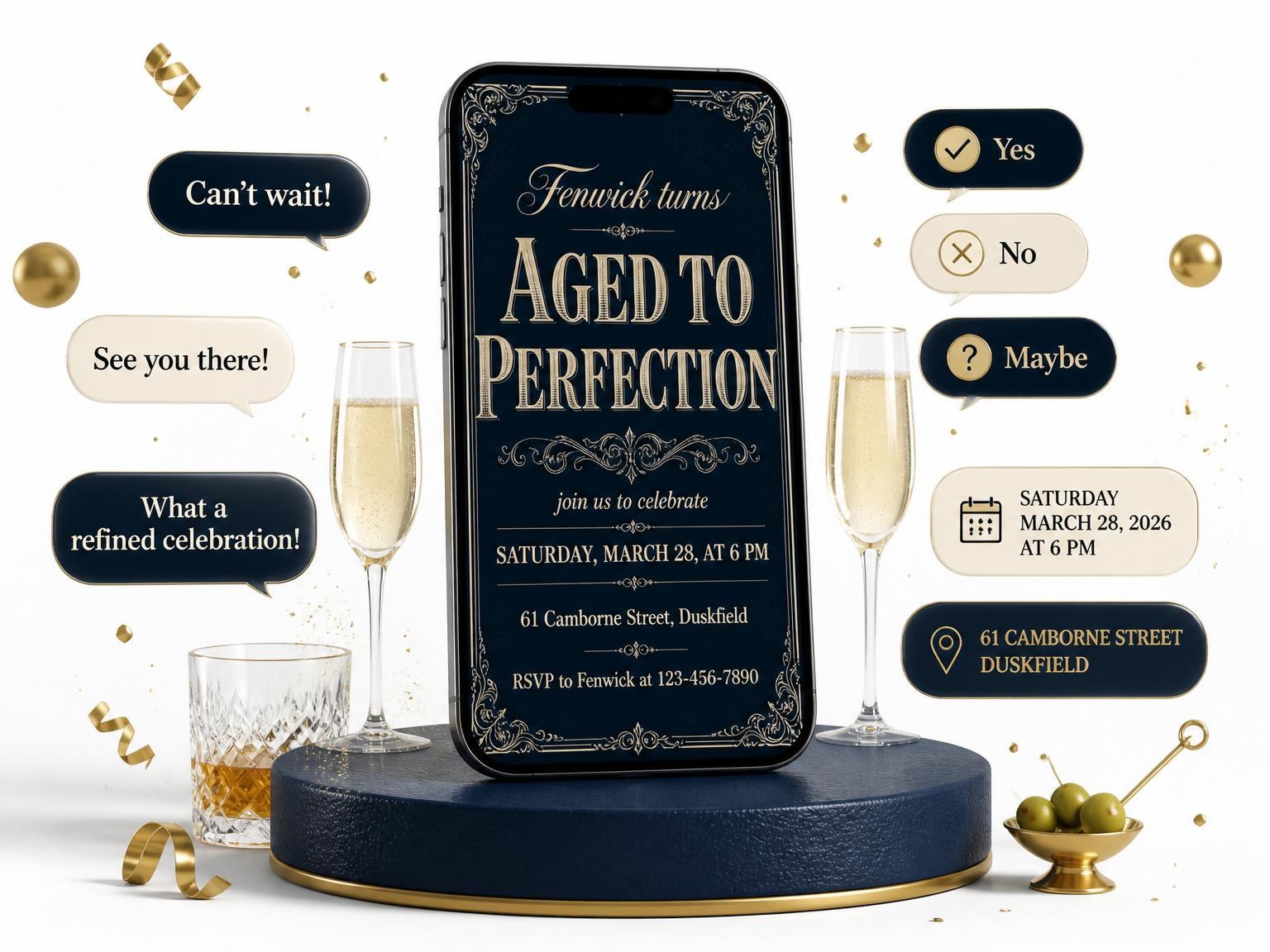 The Navy Gold Filigree Birthday Invitation invitation on a phone, with guest RSVPs arriving around it