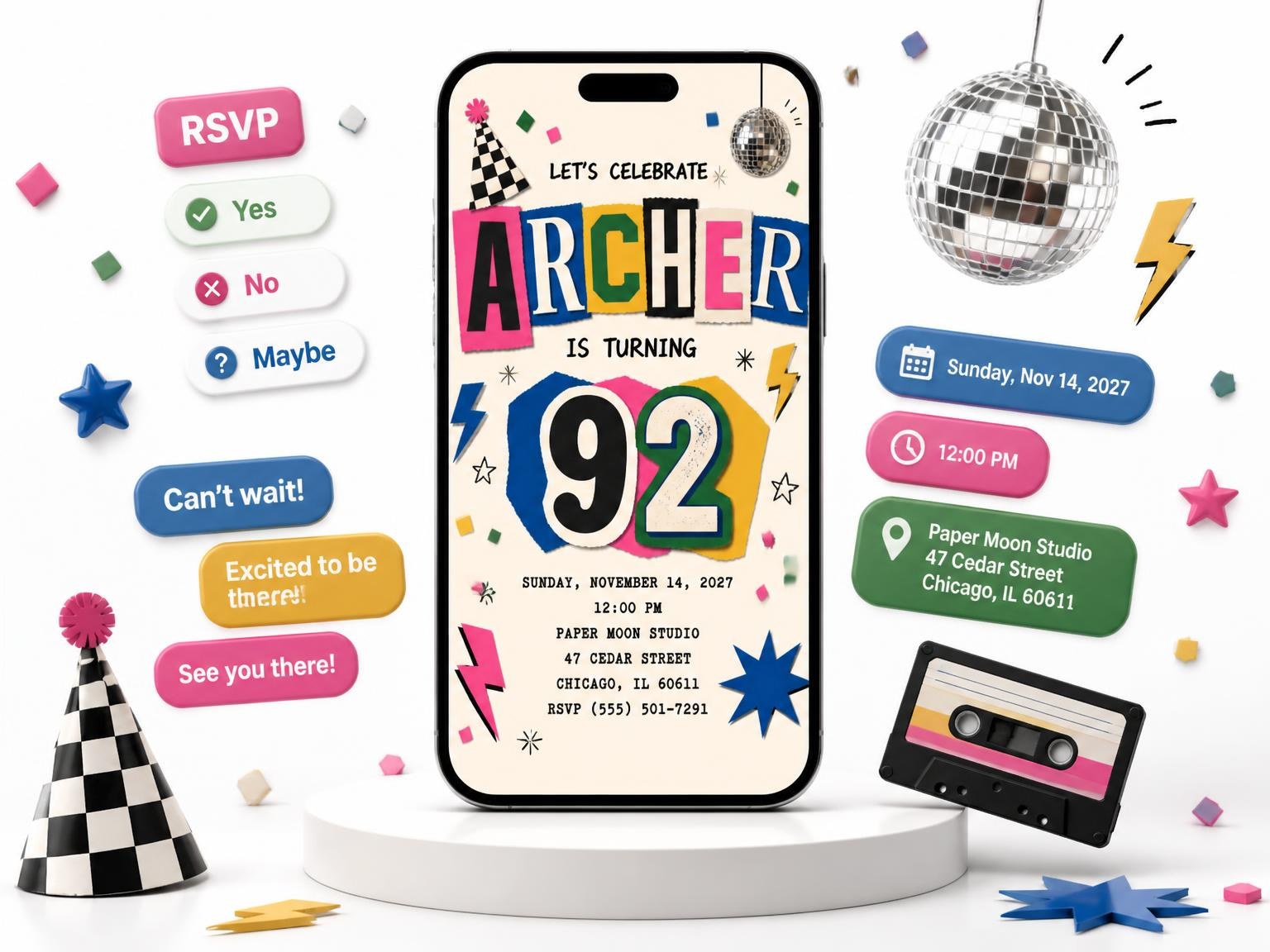 The Retro Paper Collage 92nd Birthday Invitation invitation on a phone, with guest RSVPs arriving around it