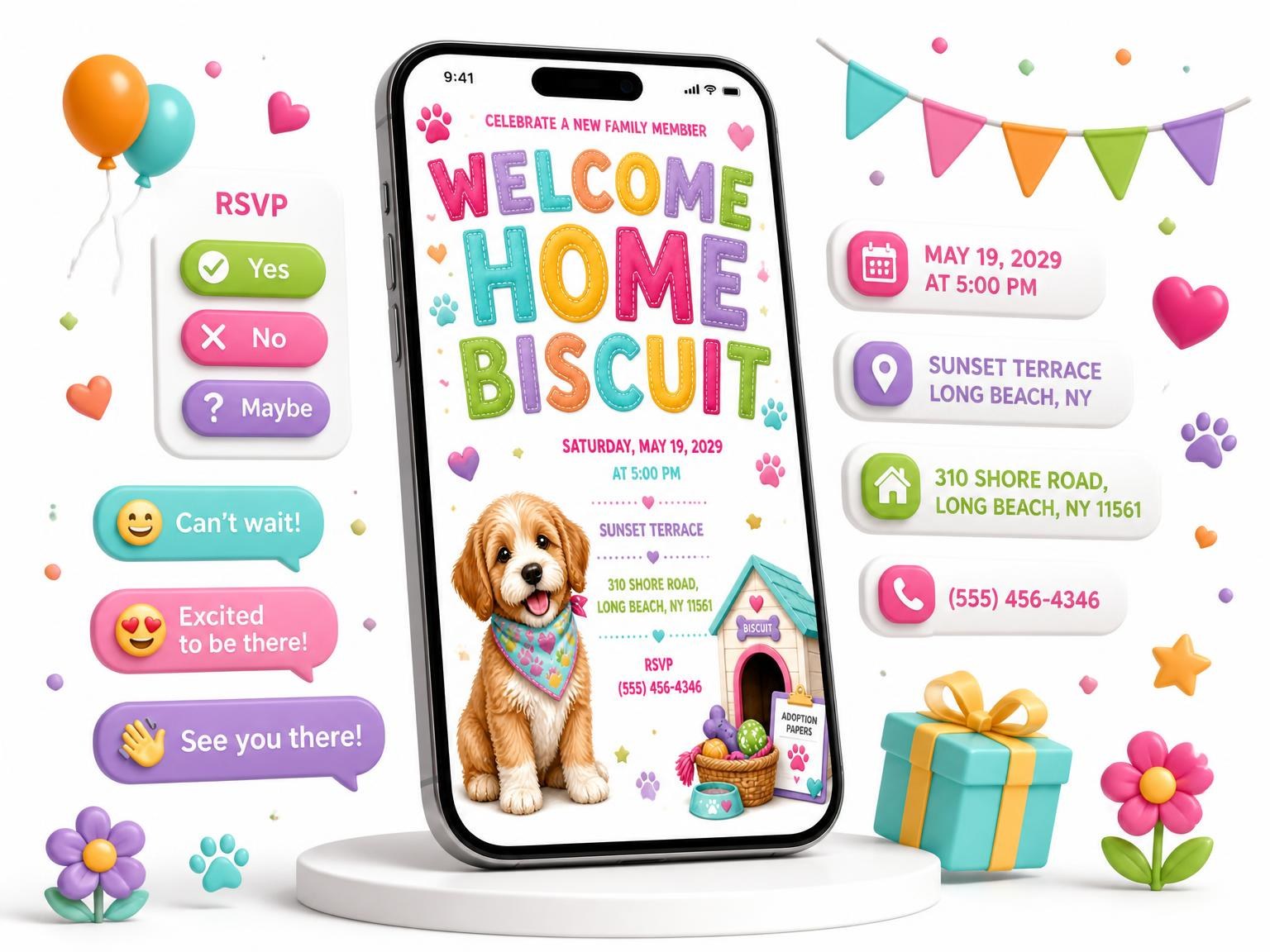 The Puppy Pet Adoption Party Invitation invitation on a phone, with guest RSVPs arriving around it