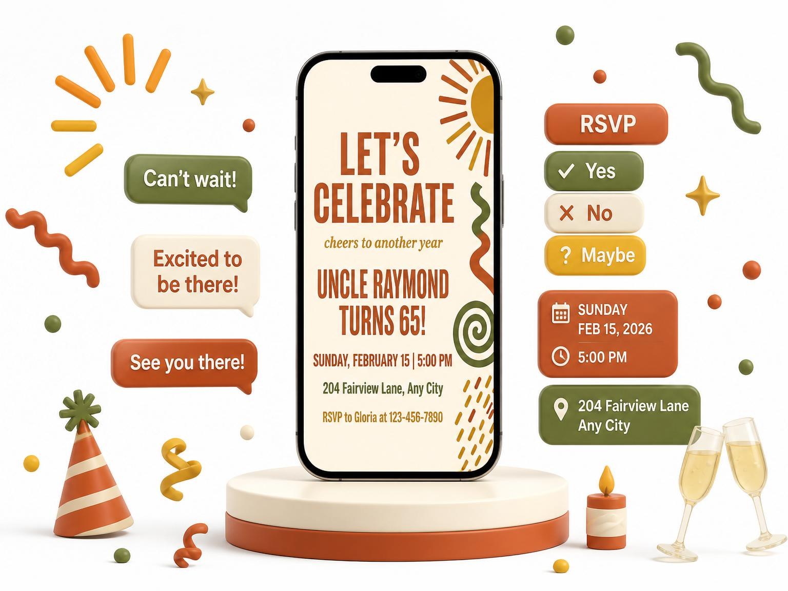 The Terracotta Sage Abstract Birthday Invitation invitation on a phone, with guest RSVPs arriving around it