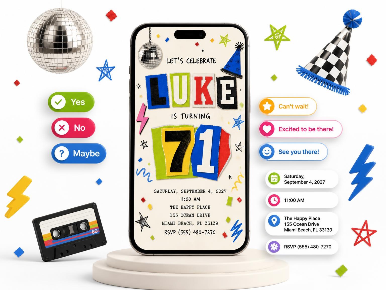 The Retro Paper Collage 71st Birthday Invitation invitation on a phone, with guest RSVPs arriving around it