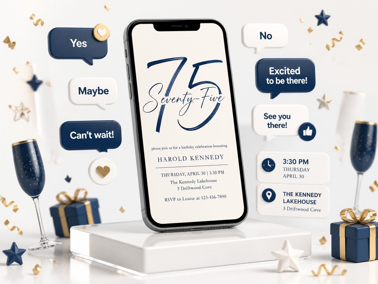 The Navy Brush Script 75th Birthday invitation on a phone, with guest RSVPs arriving around it