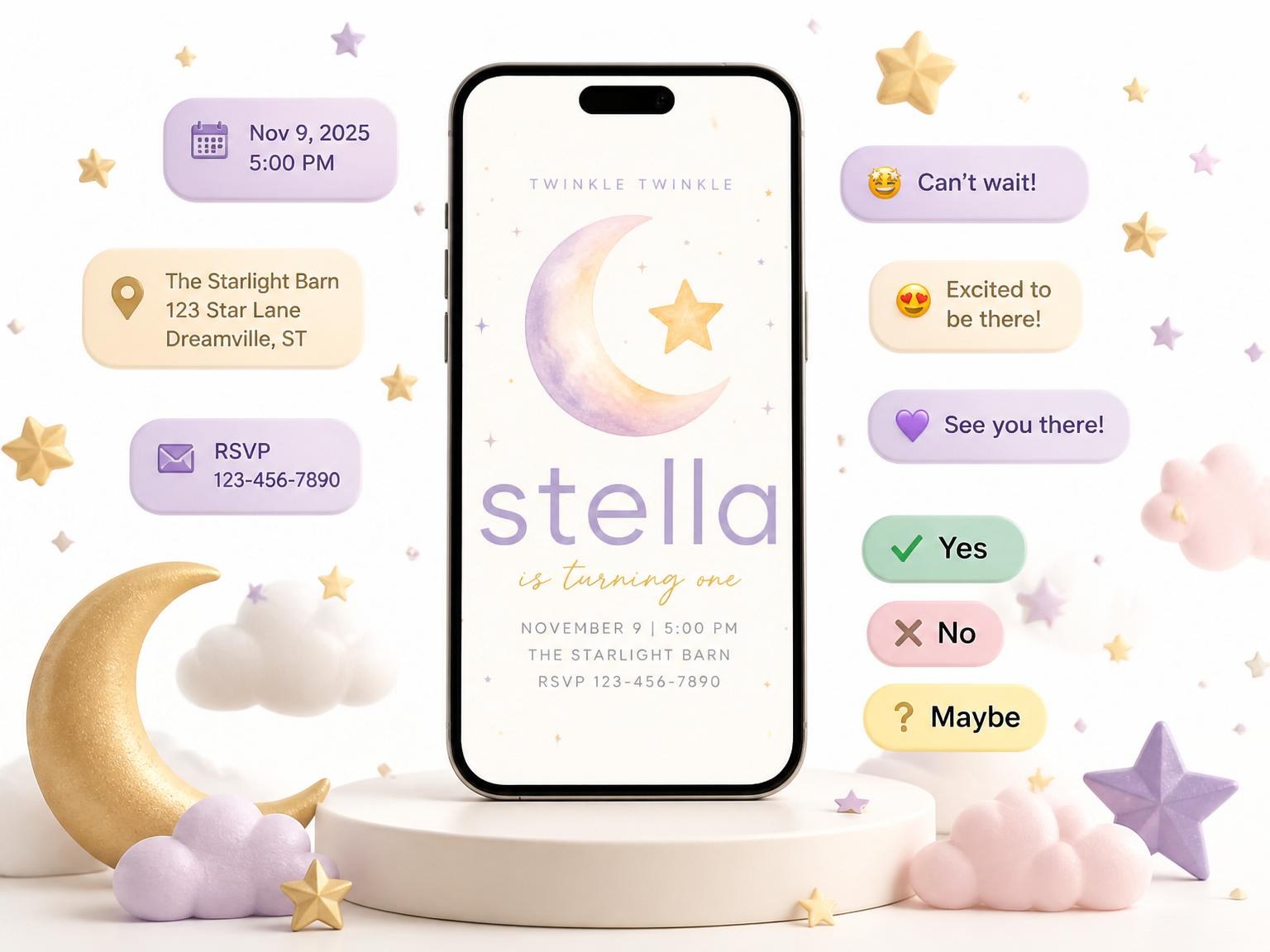 The Watercolor Moon and Star First Birthday invitation on a phone, with guest RSVPs arriving around it