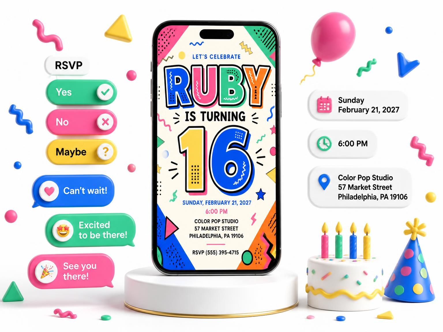 The Memphis Pop 16th Birthday Invitation invitation on a phone, with guest RSVPs arriving around it
