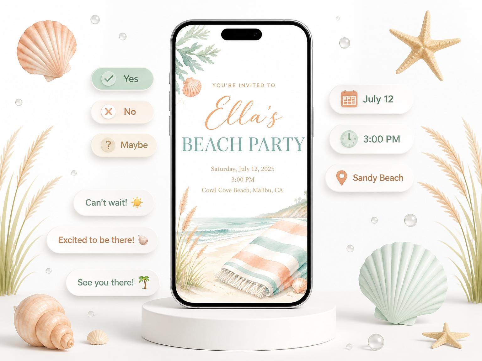 The Watercolor Coastal Shore Beach Party invitation on a phone, with guest RSVPs arriving around it