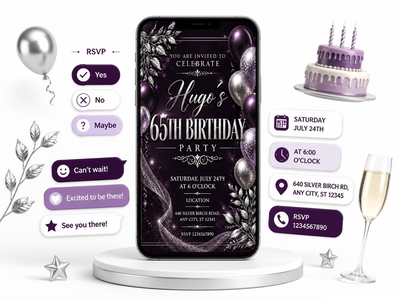 The Plum and Silver 65th Birthday Invitation invitation on a phone, with guest RSVPs arriving around it