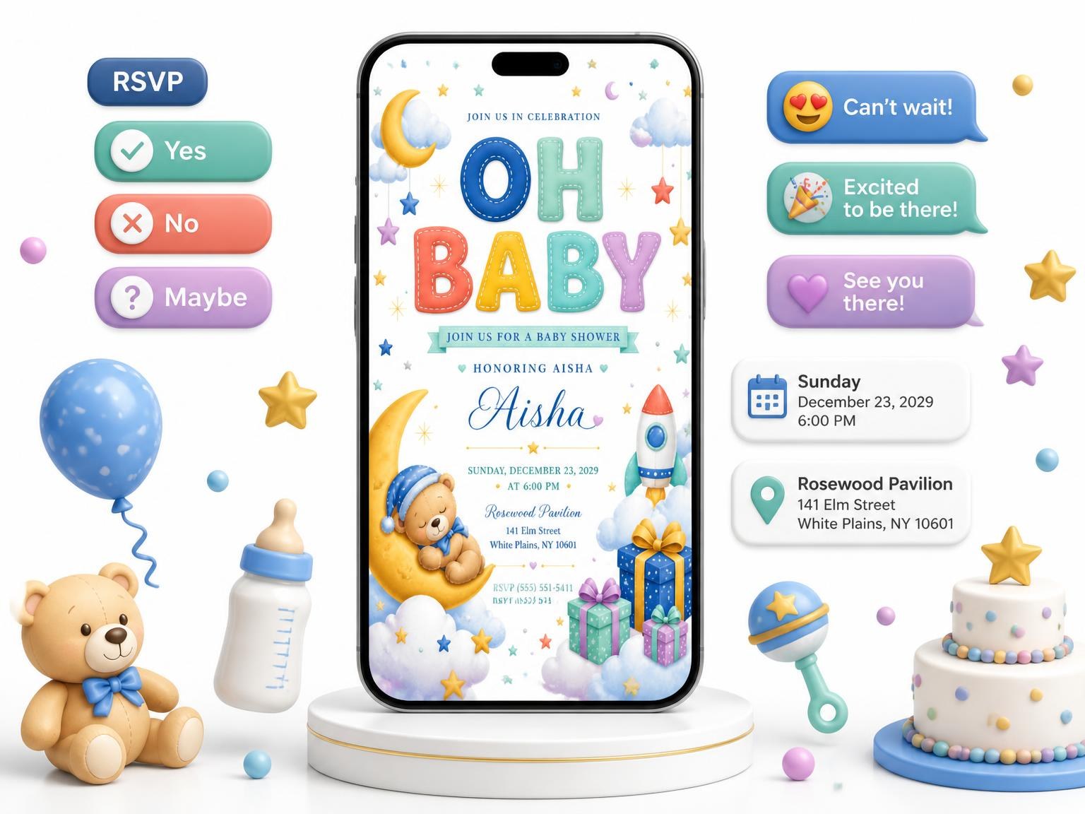 The Gift Boxes Baby Shower Invitation invitation on a phone, with guest RSVPs arriving around it